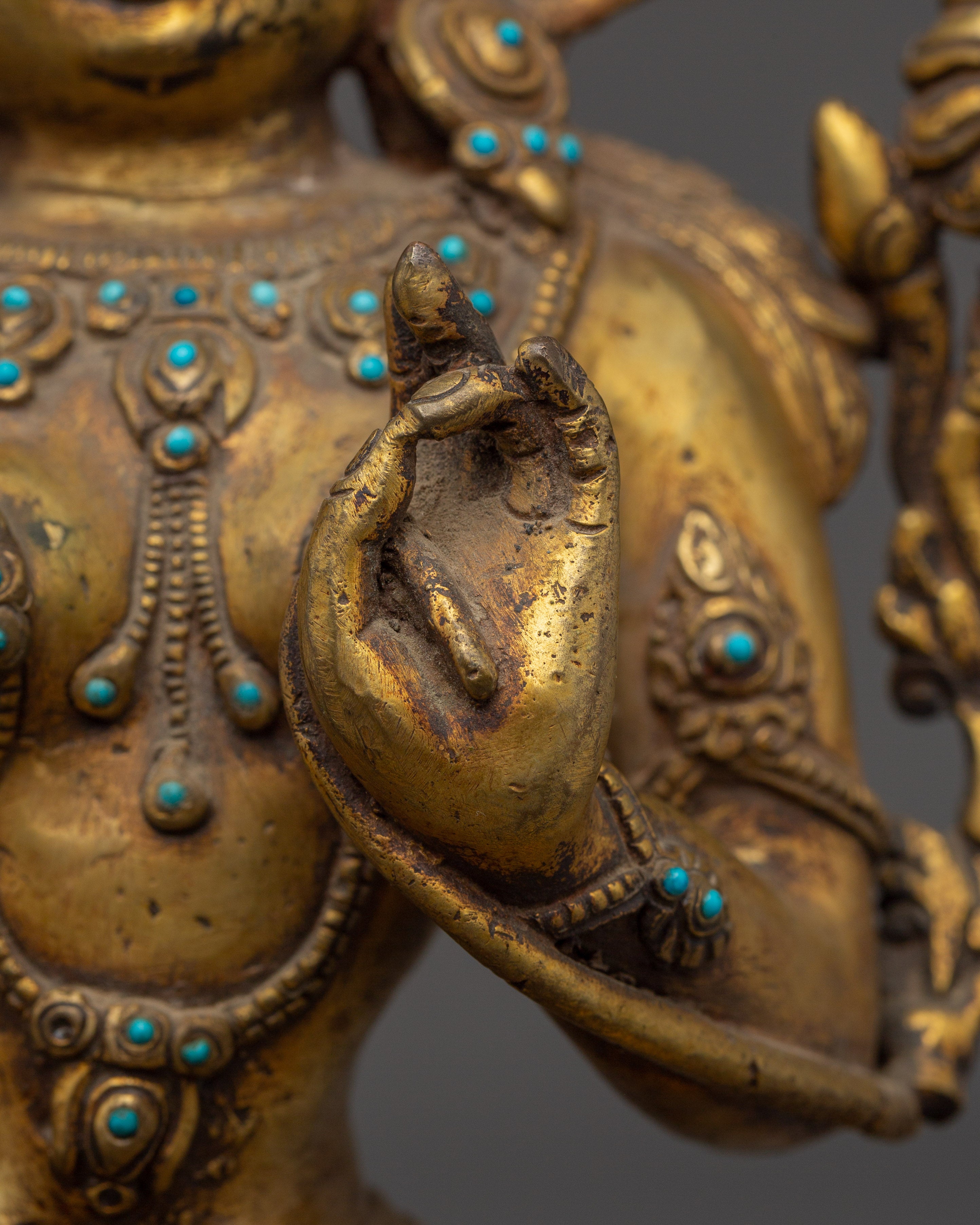Green Tara Copper Statue with Gemstone Inlays | Buddhist Goddess of Compassion