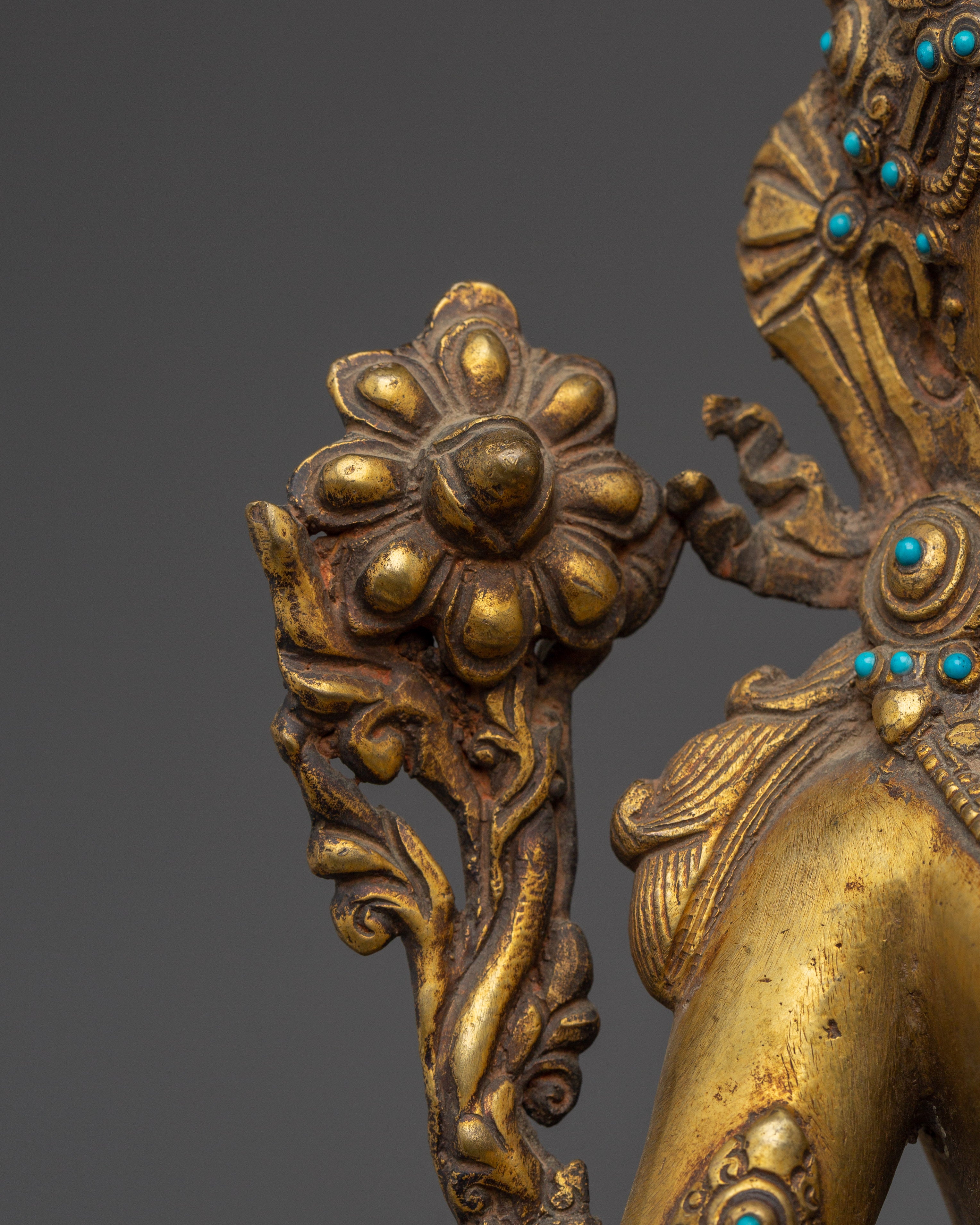 Green Tara Copper Statue with Gemstone Inlays | Buddhist Goddess of Compassion