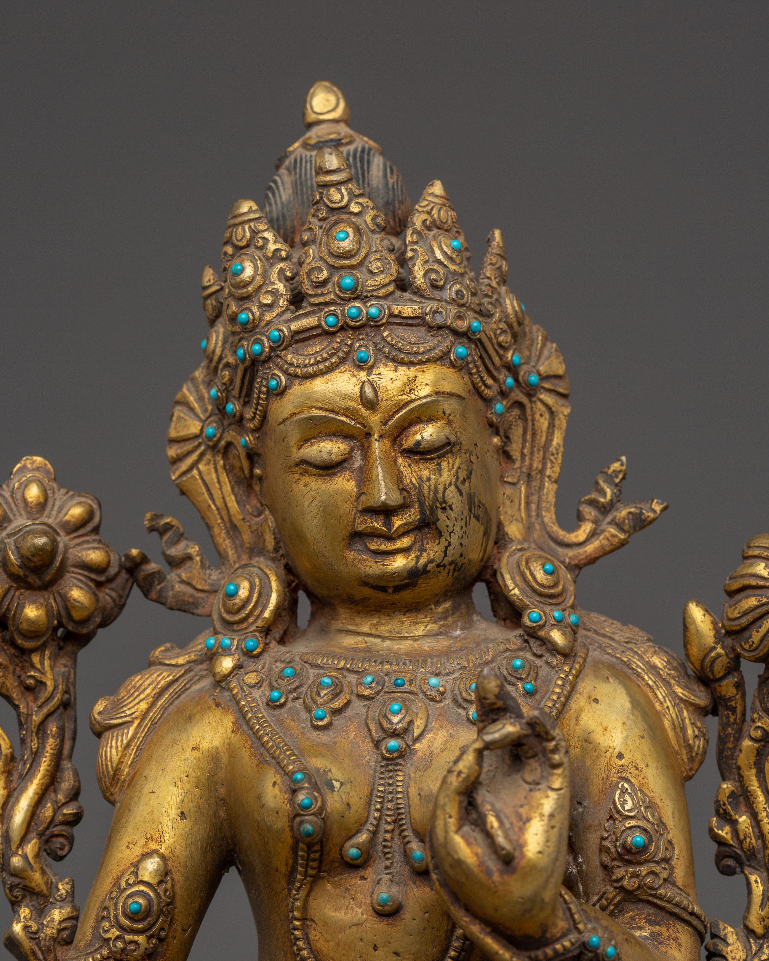 Green Tara Copper Statue with Gemstone Inlays | Buddhist Goddess of Compassion