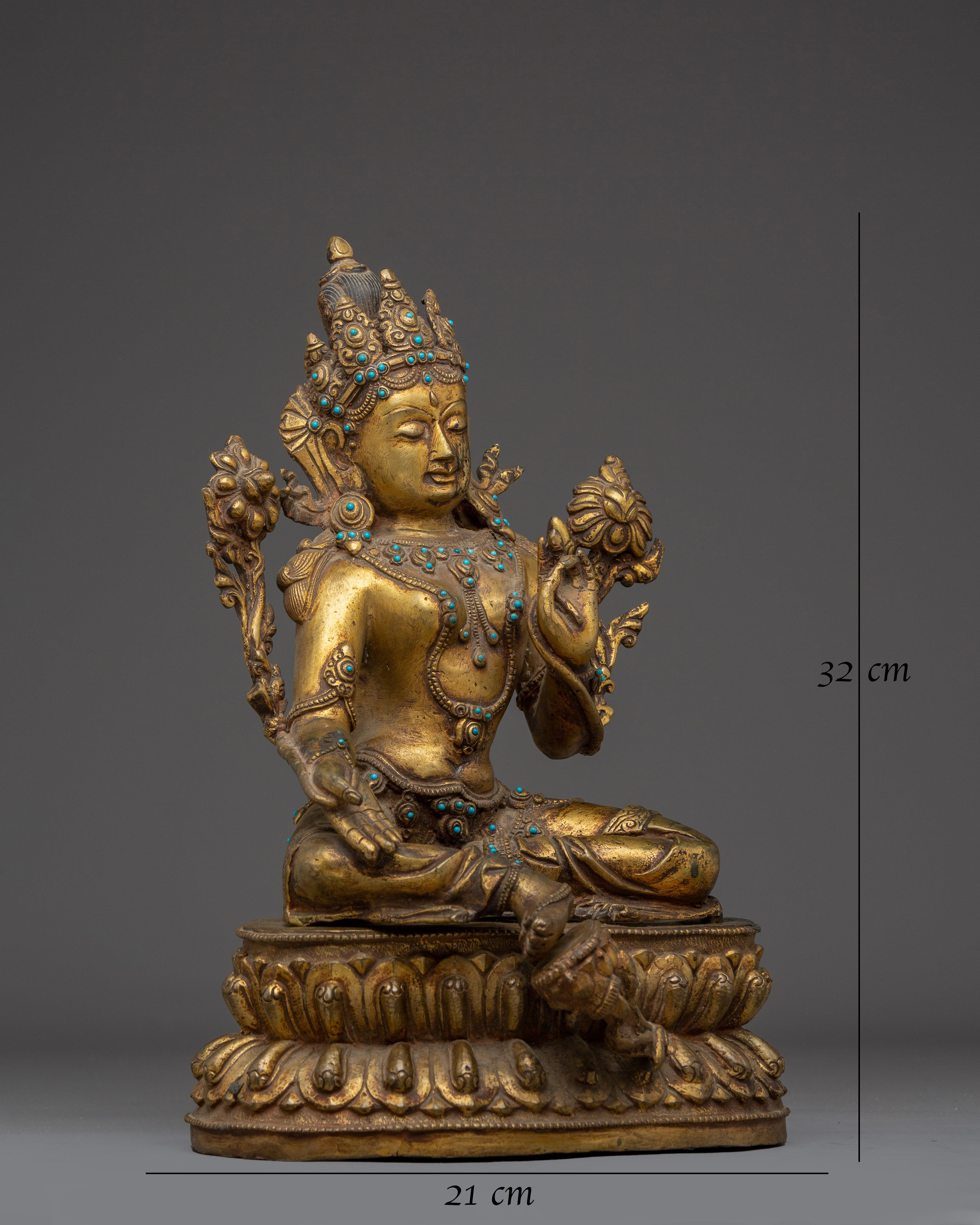 Green Tara Copper Statue with Gemstone Inlays