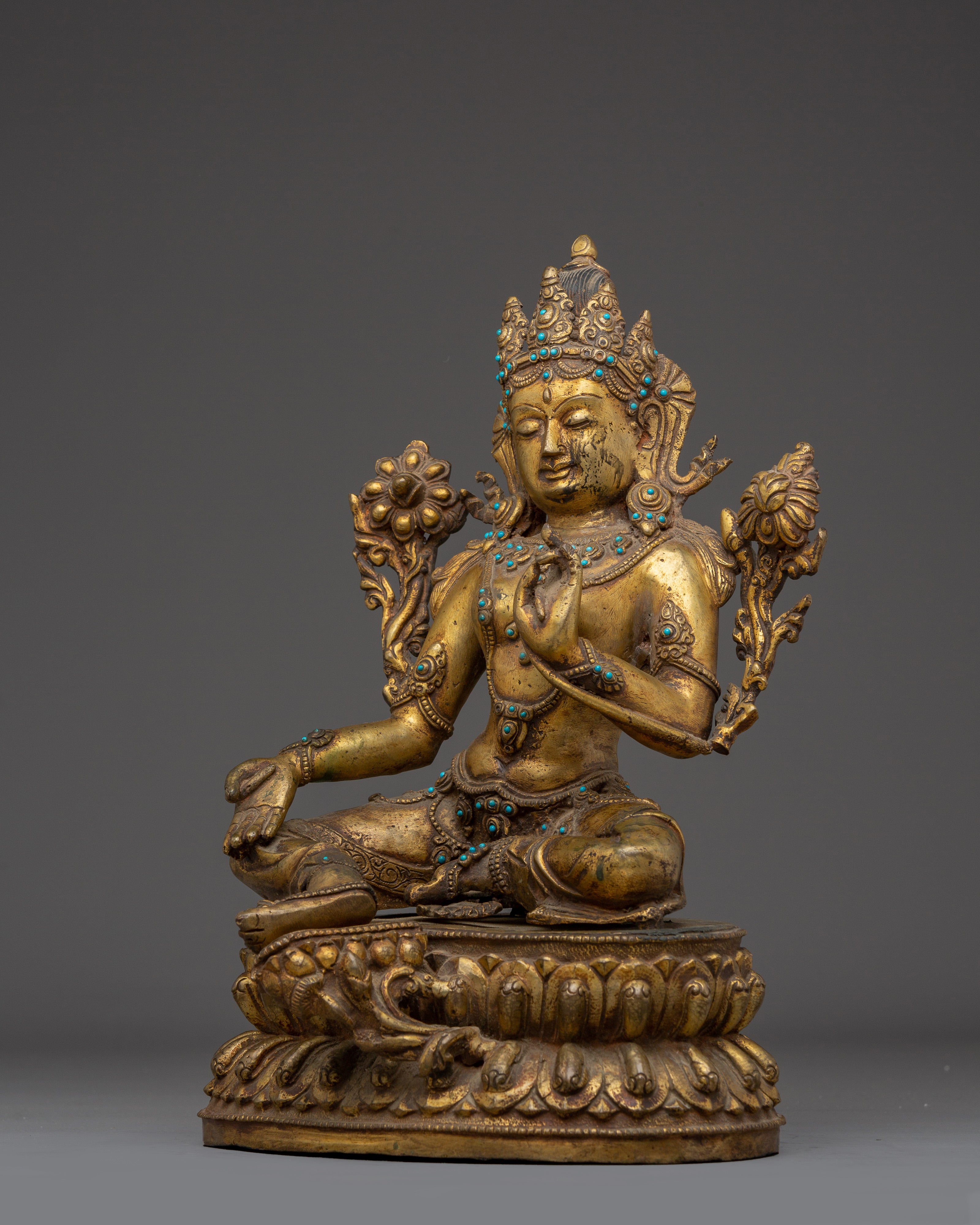 Green Tara Copper Statue with Gemstone Inlays | Buddhist Goddess of Compassion