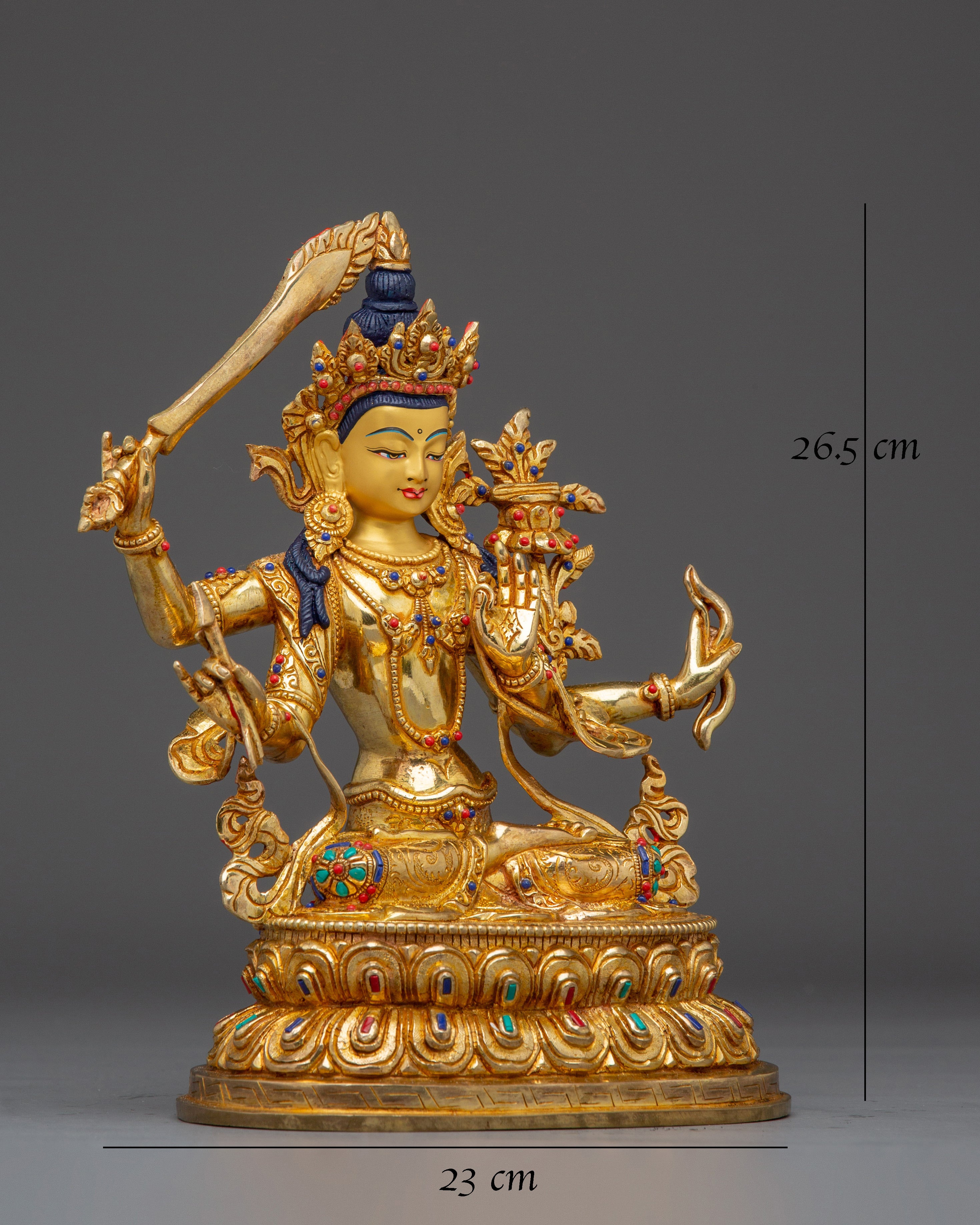 Maha Manjushri Tibetan Deity Statue | 24K Gold Gilded Copper Bodhisattva of Wisdom