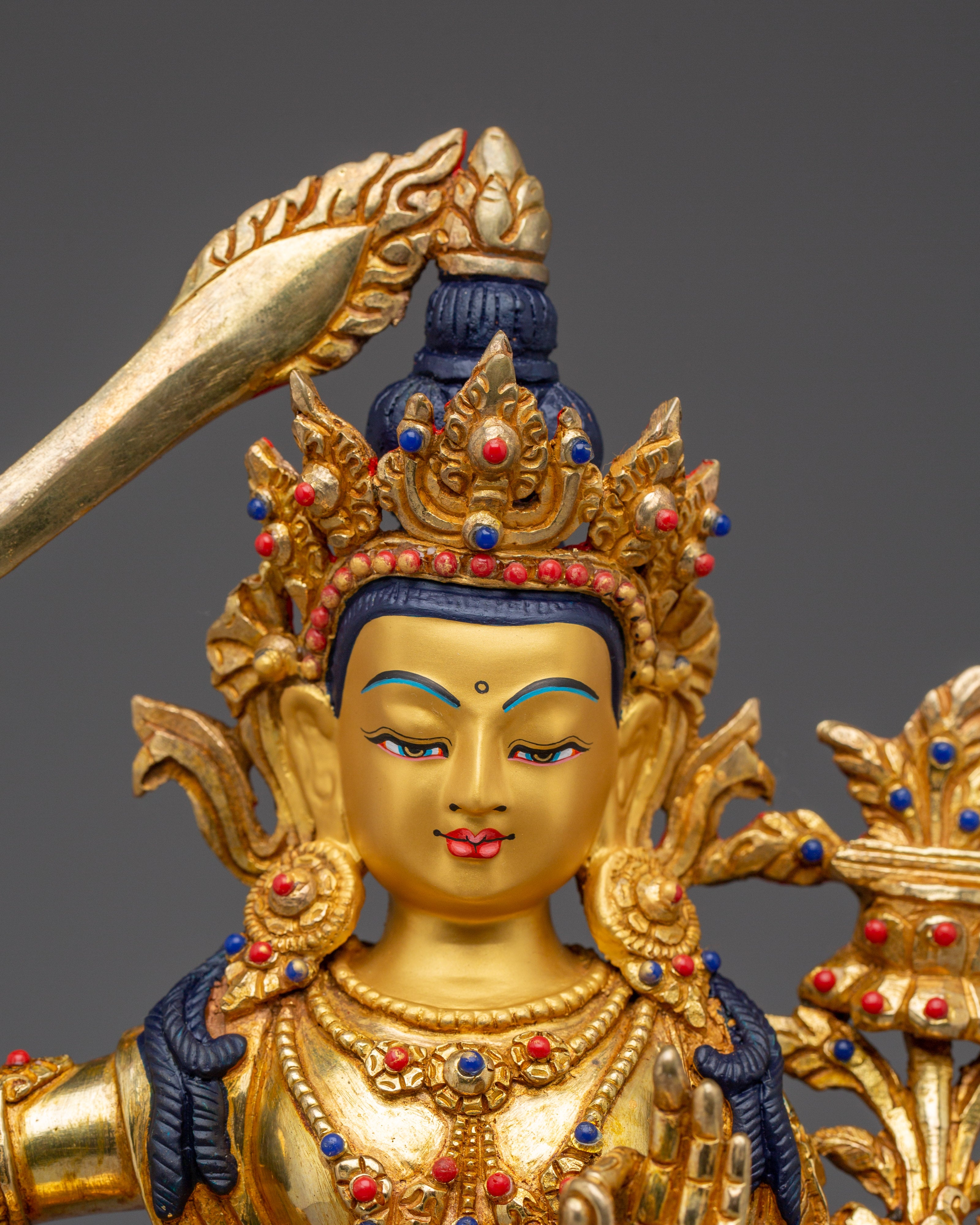 Manjushri Statue Seated in Double Petal Lotus Seat | 24K Gold Gilded Artwork