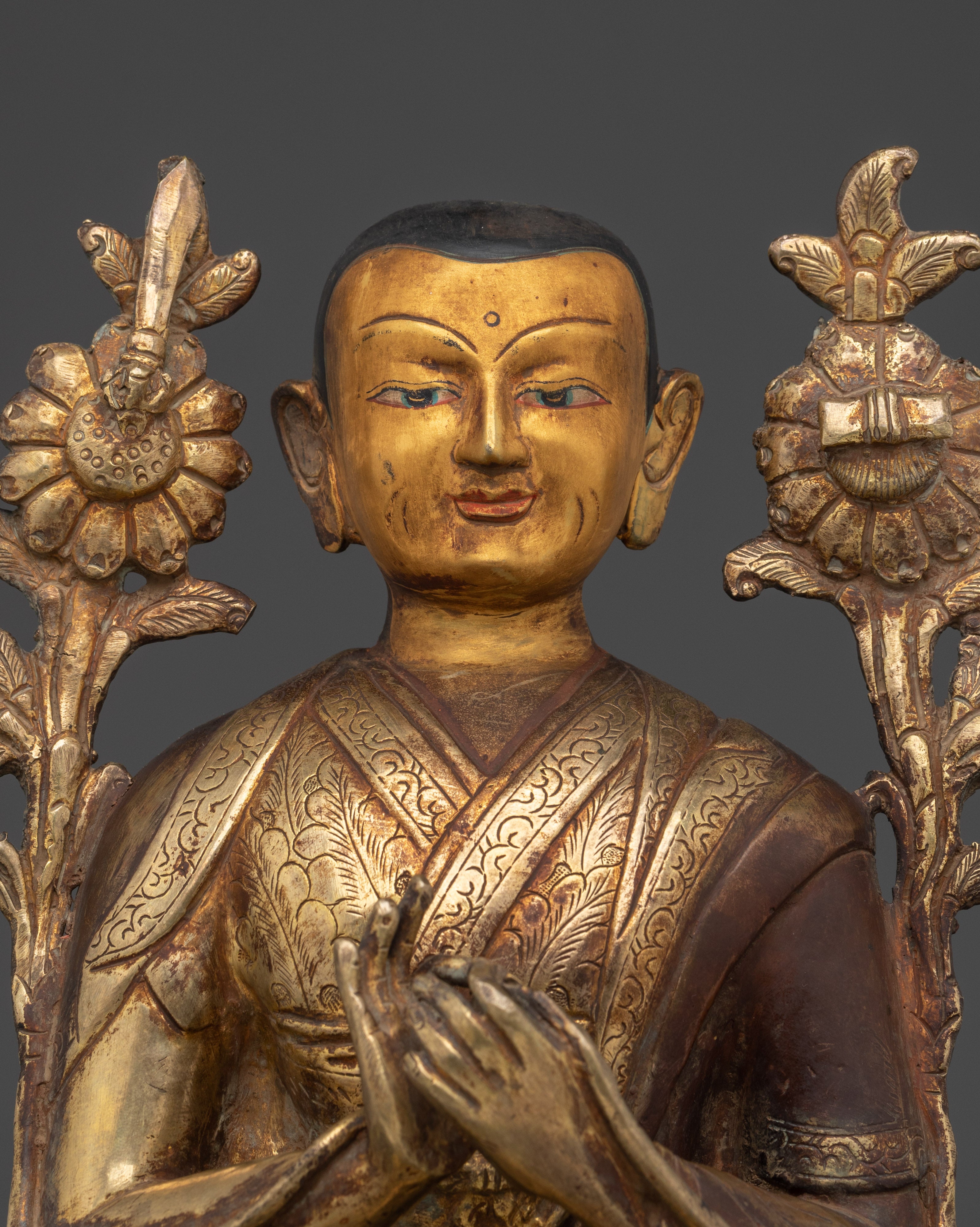 24K Gold-Gilded Tsongkhapa Set for Shrine | Handcrafted Copper Buddhist Statue