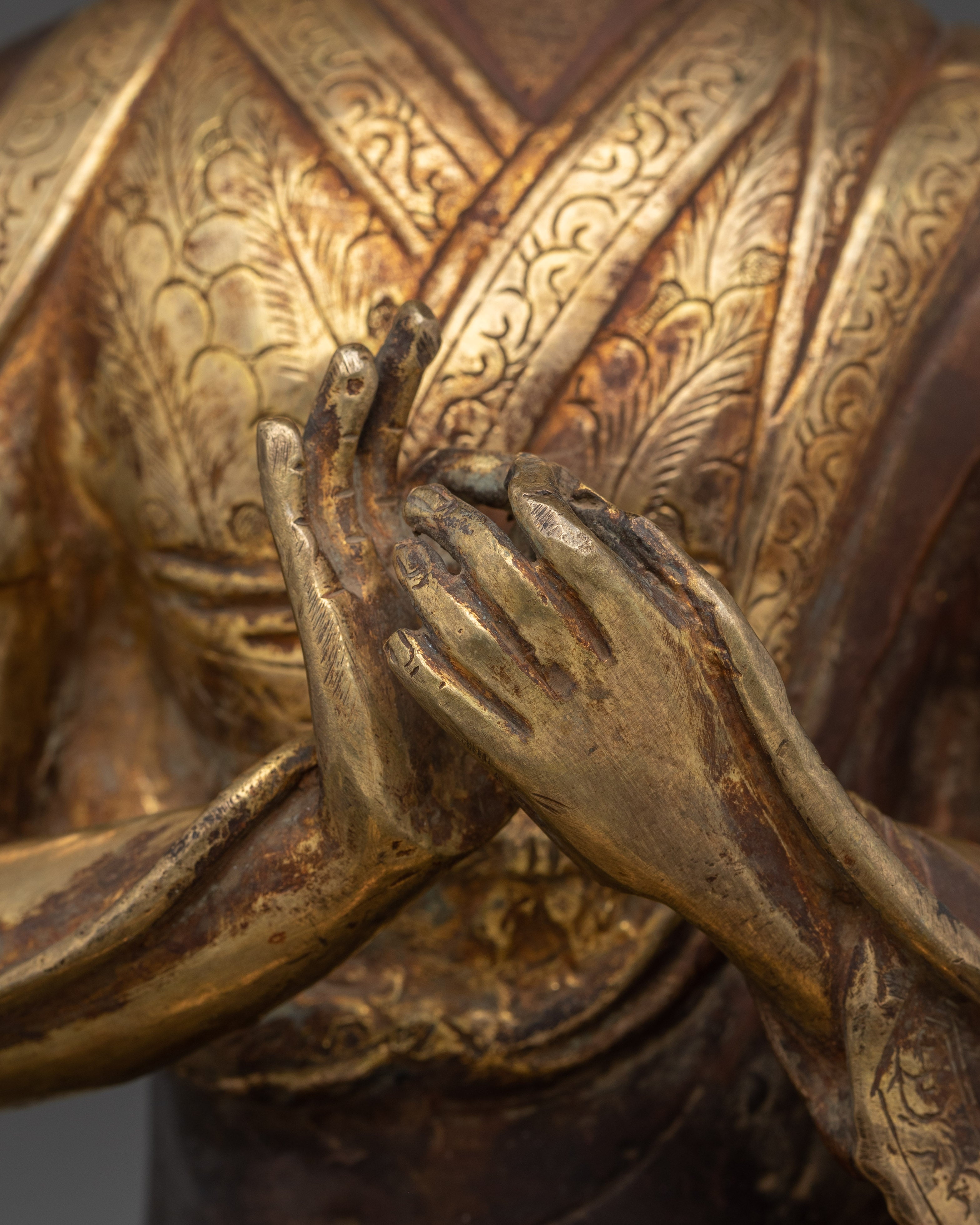 24K Gold-Gilded Tsongkhapa Set for Shrine | Handcrafted Copper Buddhist Statue