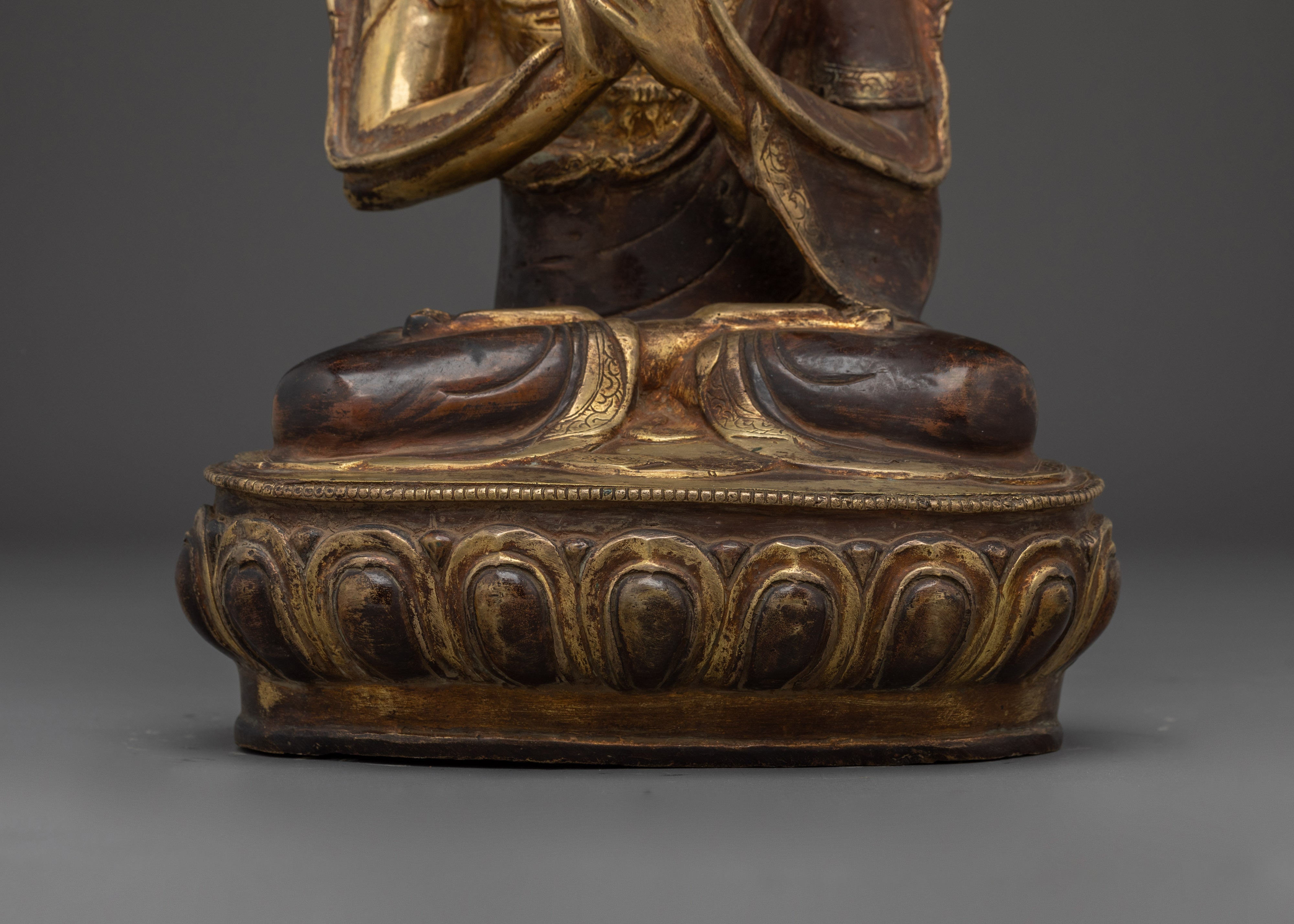 24K Gold-Gilded Tsongkhapa Set for Shrine | Handcrafted Copper Buddhist Statue