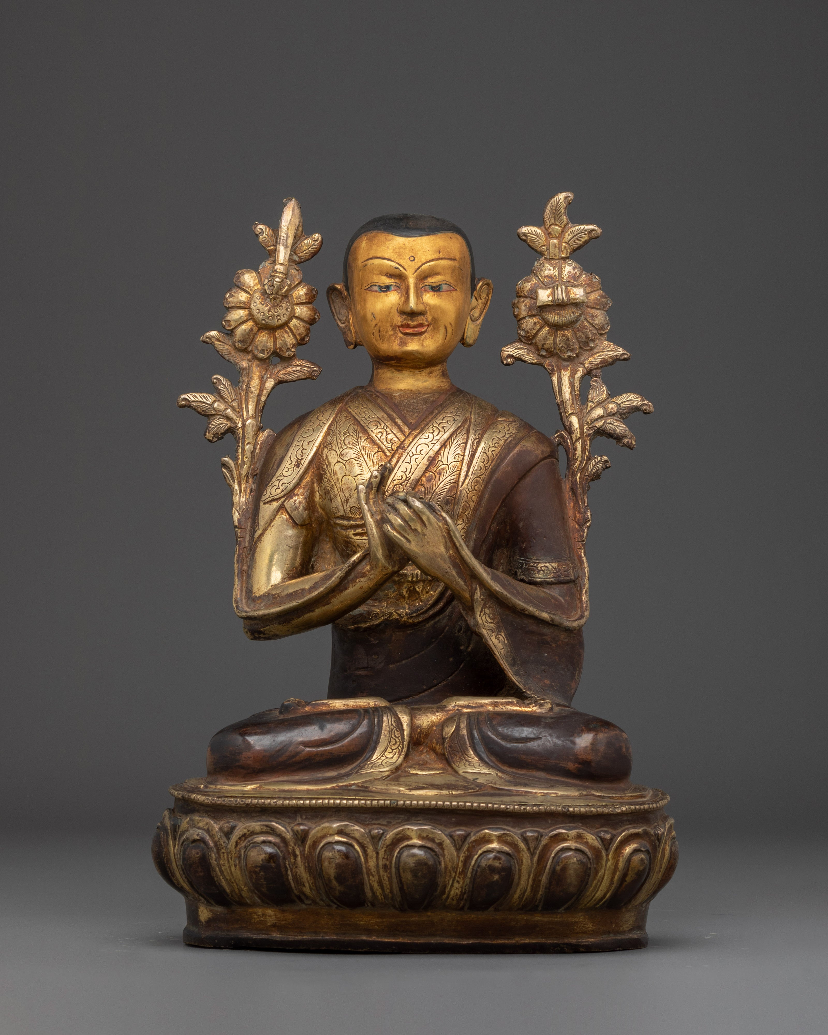 24K Gold-Gilded Tsongkhapa Set for Shrine | Handcrafted Copper Buddhist Statue