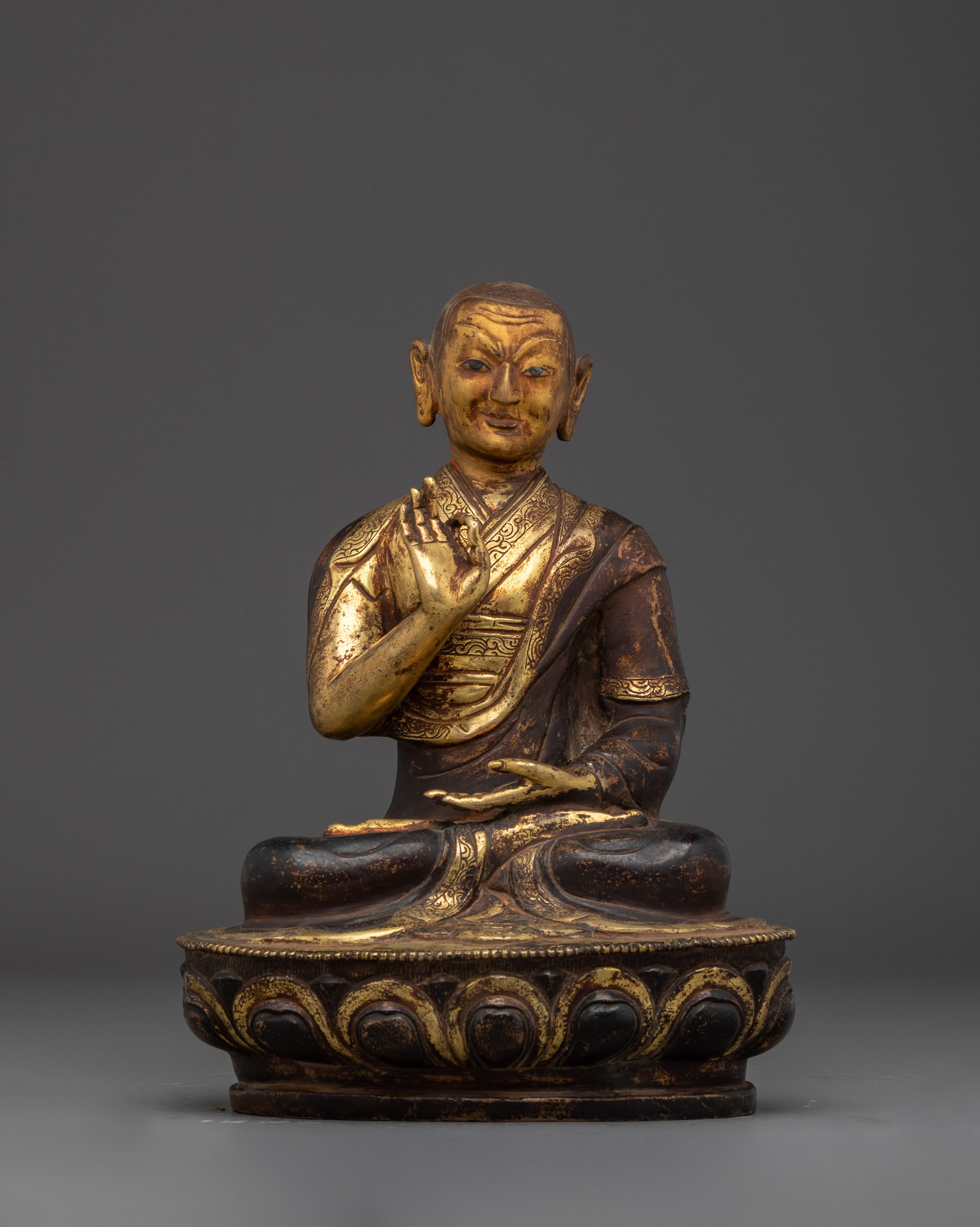 24K Gold-Gilded Tsongkhapa Set for Shrine | Handcrafted Copper Buddhist Statue