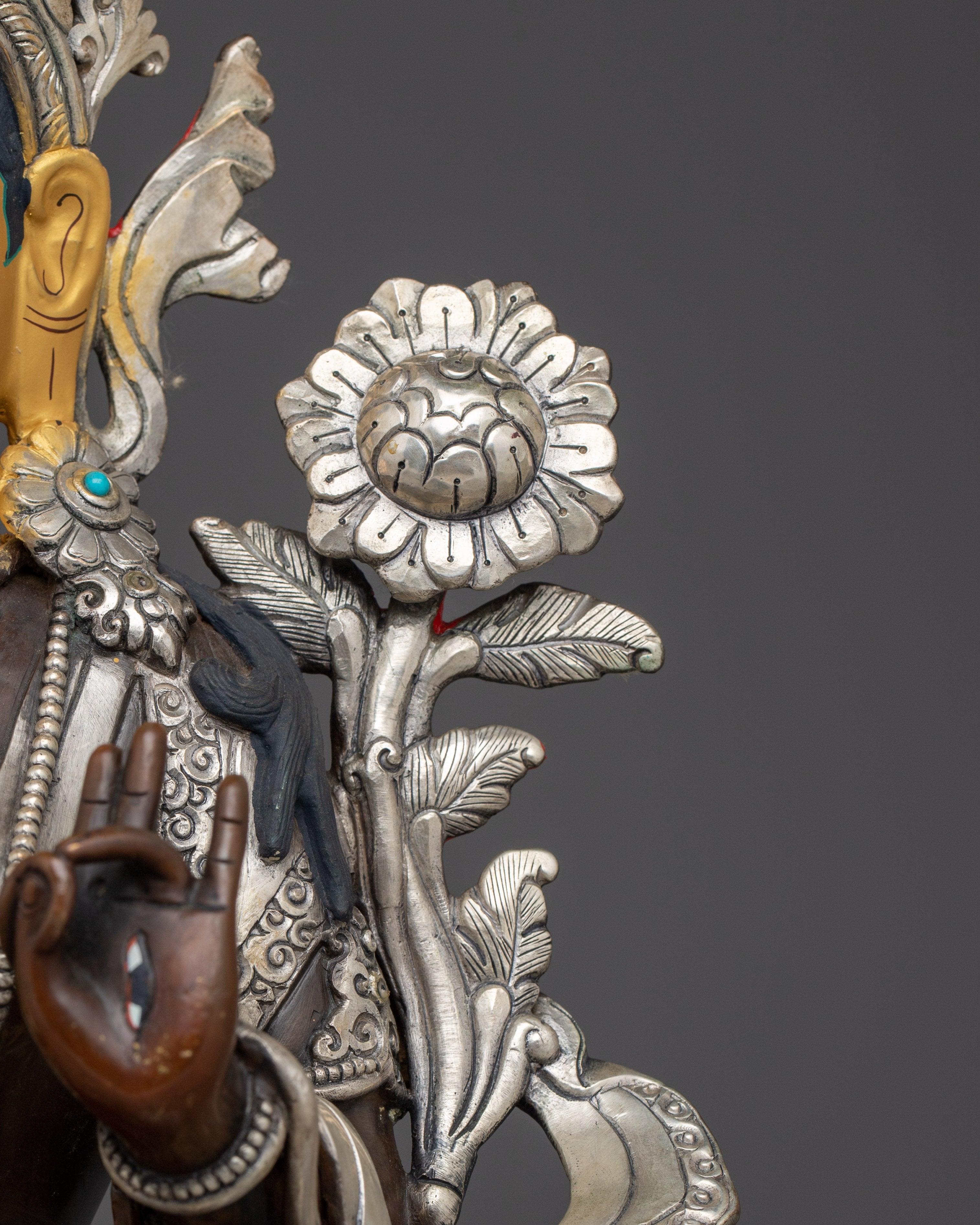 White Tara Copper Statue with Silver | Gold Painted Copper Buddhist Deity