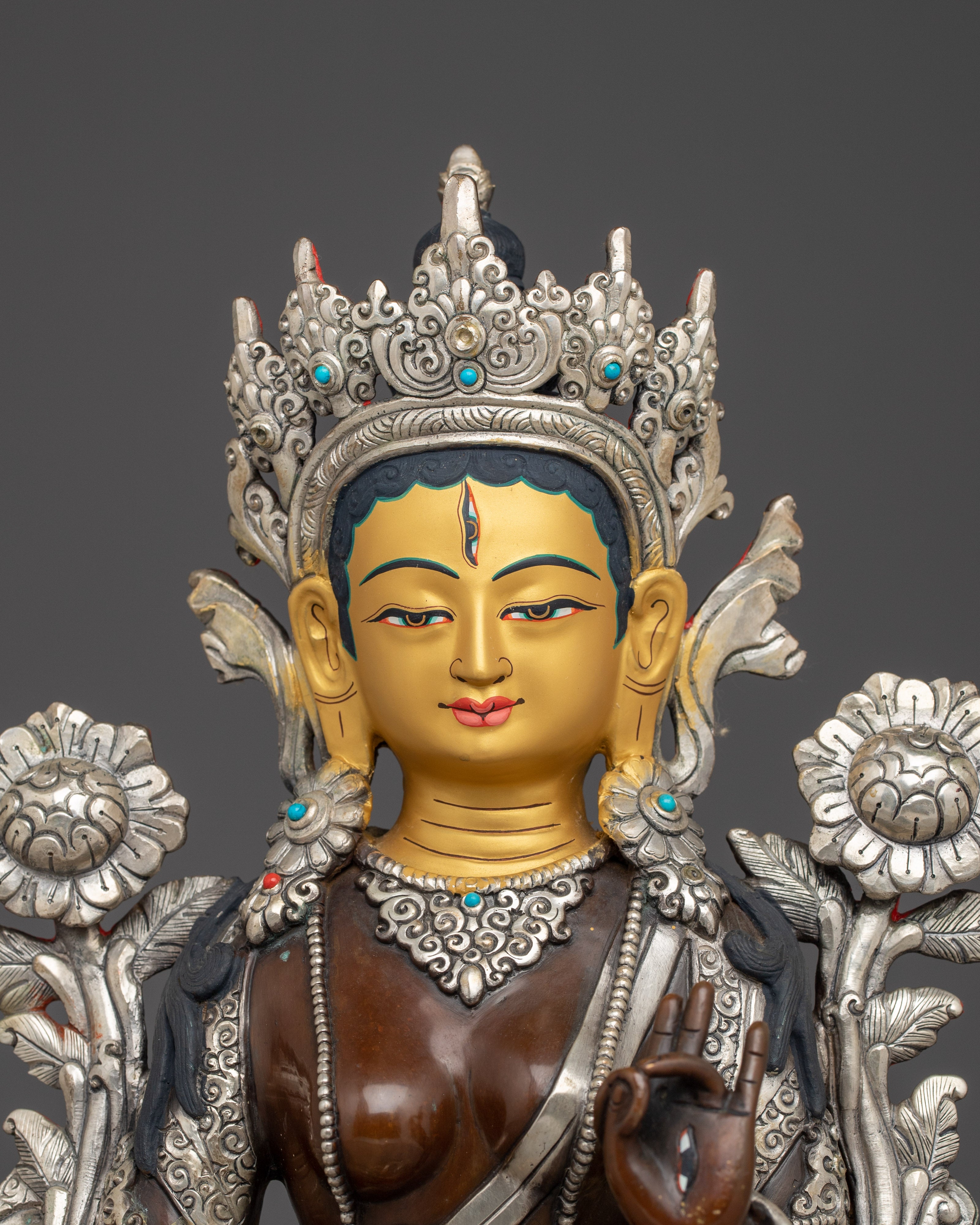 White Tara Copper Statue with Silver | Gold Painted Copper Buddhist Deity