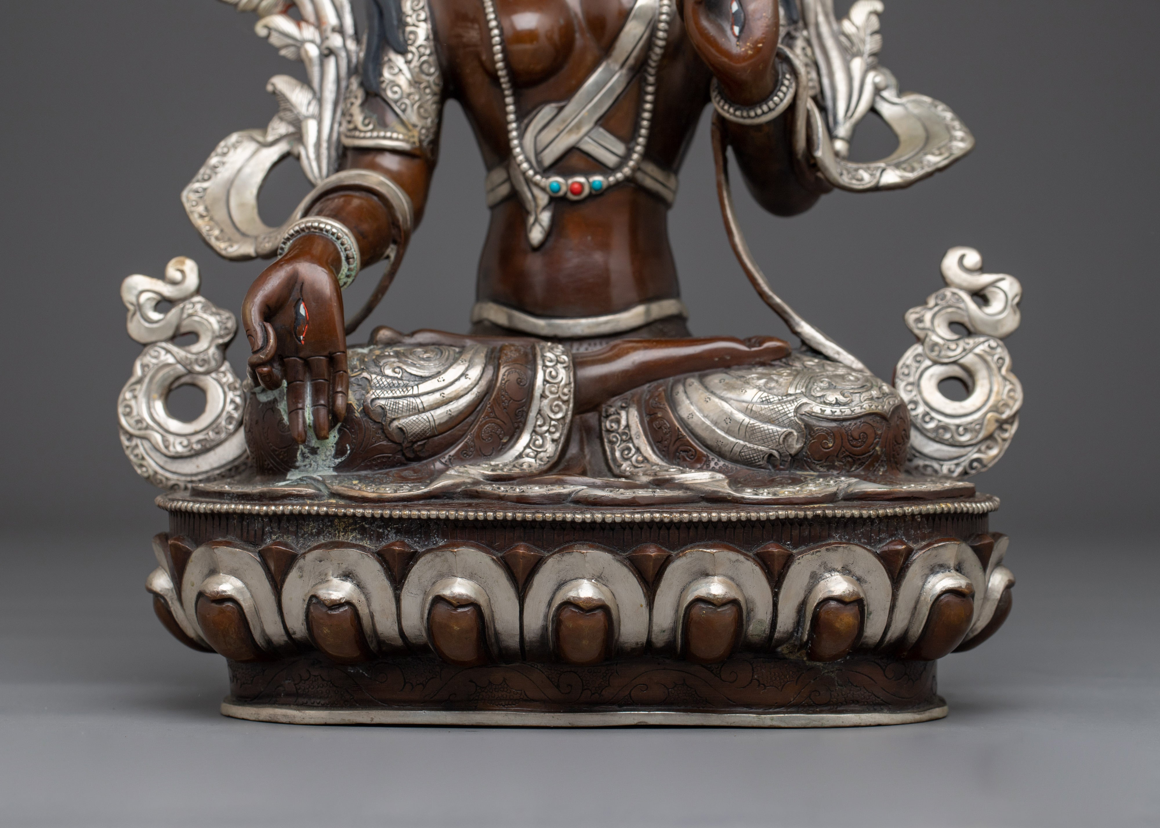 White Tara Copper Statue with Silver | Gold Painted Copper Buddhist Deity