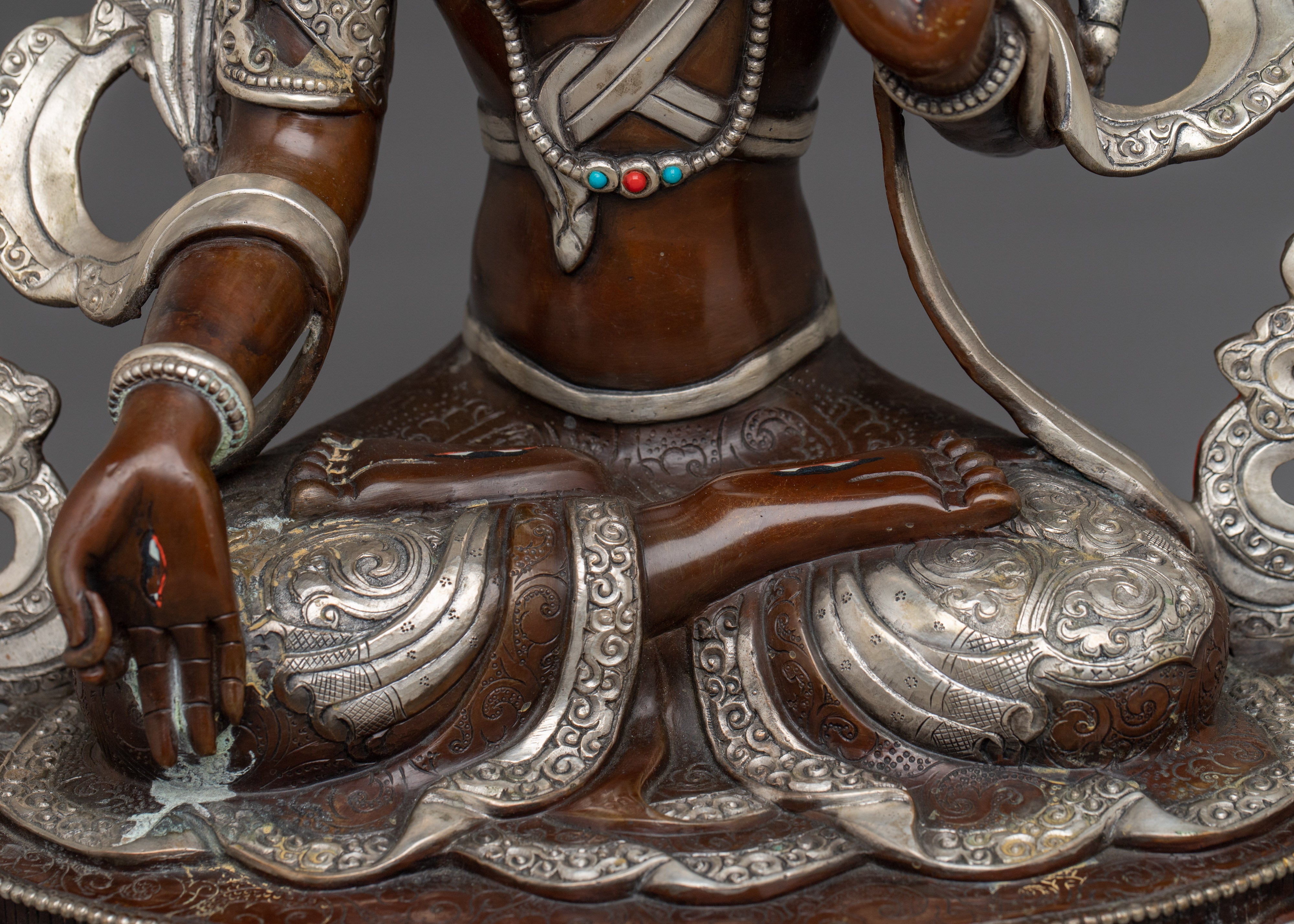 White Tara Copper Statue with Silver | Gold Painted Copper Buddhist Deity