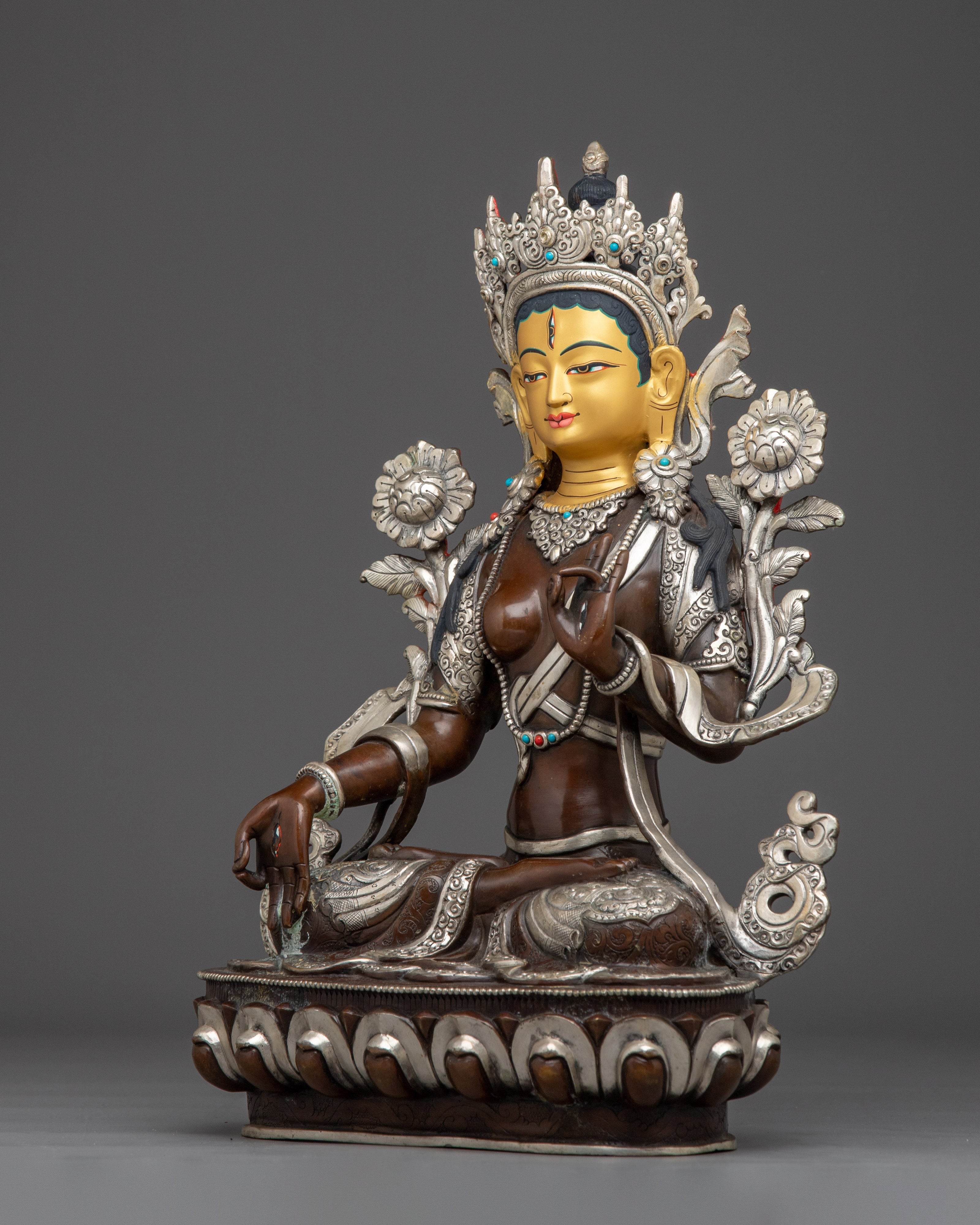 White Tara Copper Statue with Silver | Gold Painted Copper Buddhist Deity