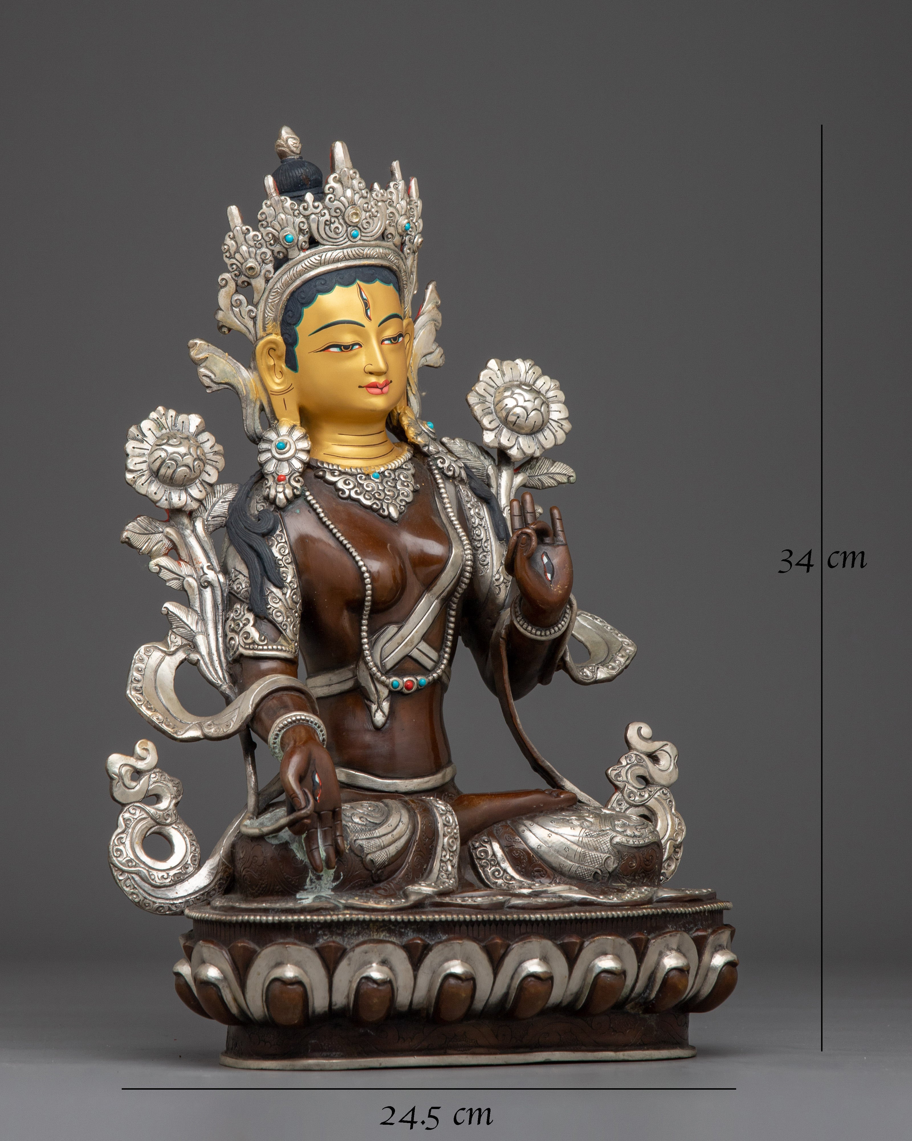 White Tara Copper Statue with Silver