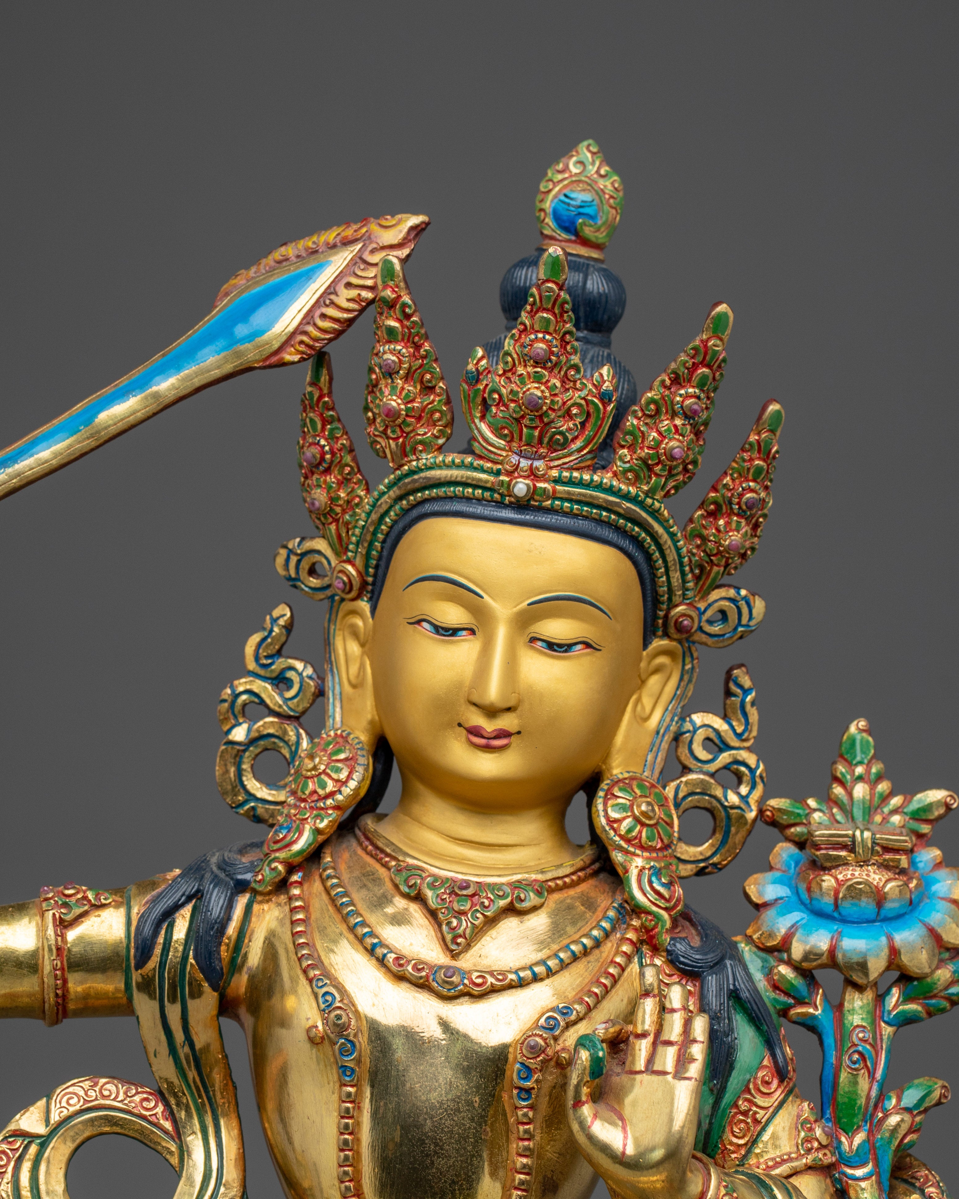 Golden Copper Manjushri Handmade Statue | Buddhist Deity for Wisdom