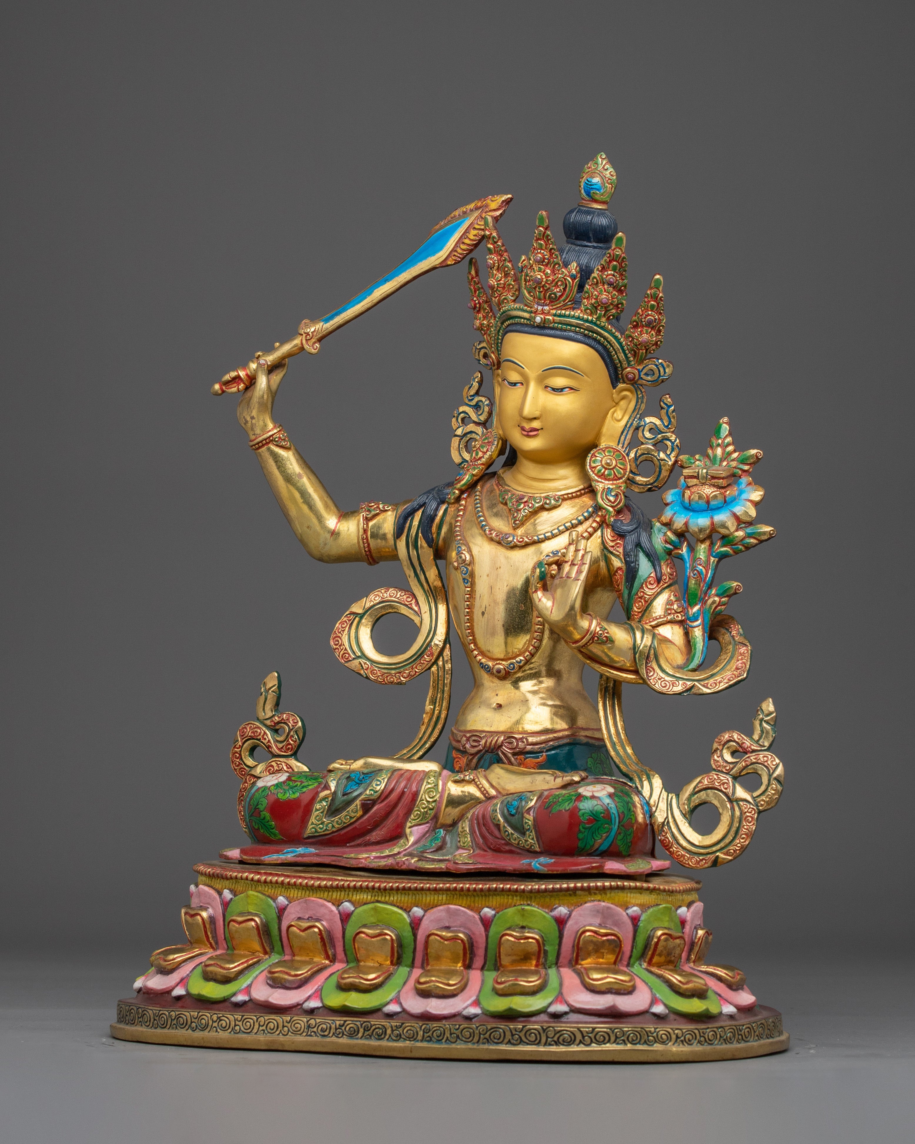 Golden Copper Manjushri Handmade Statue | Buddhist Deity for Wisdom