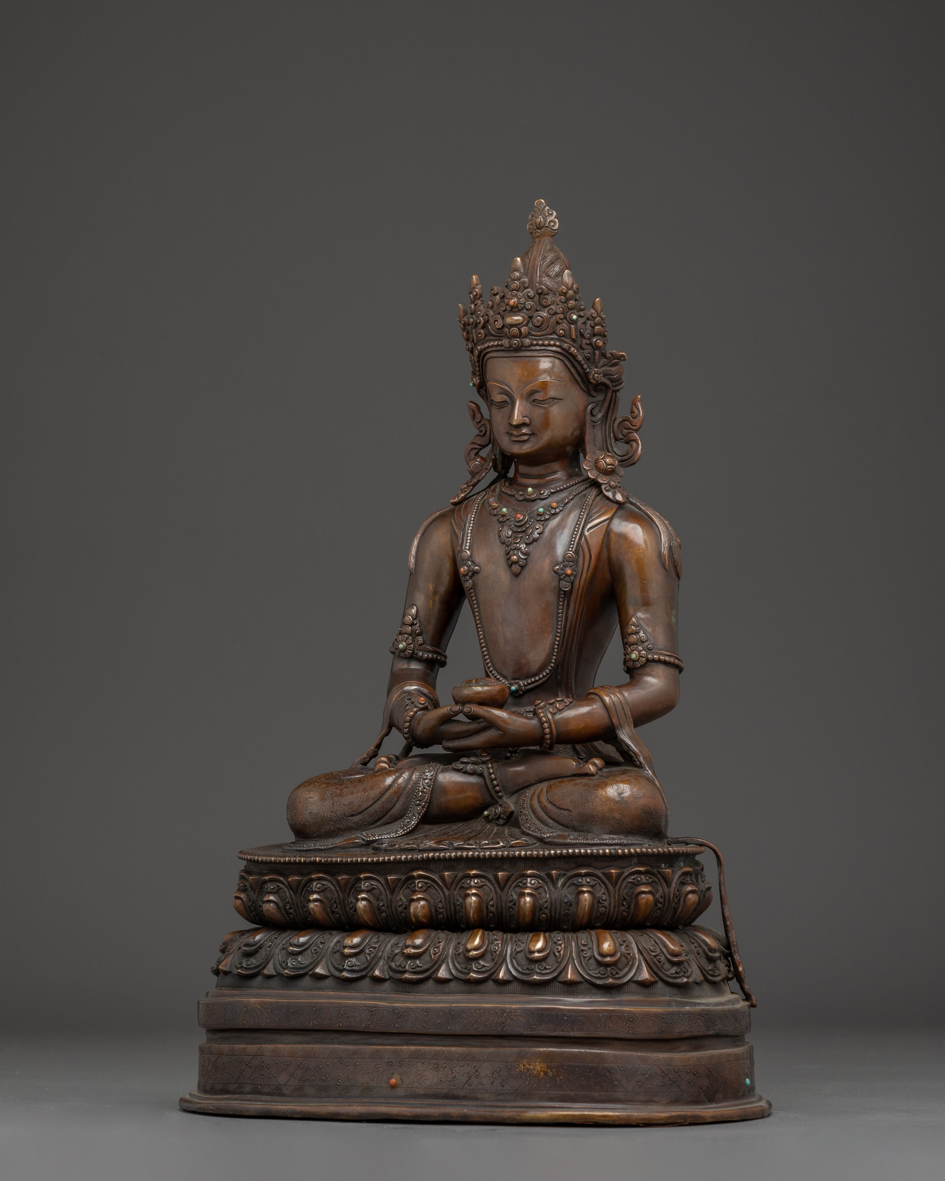 Crown Amitabha Buddha in Oxidized Copper | Ideal for Altars and Meditation