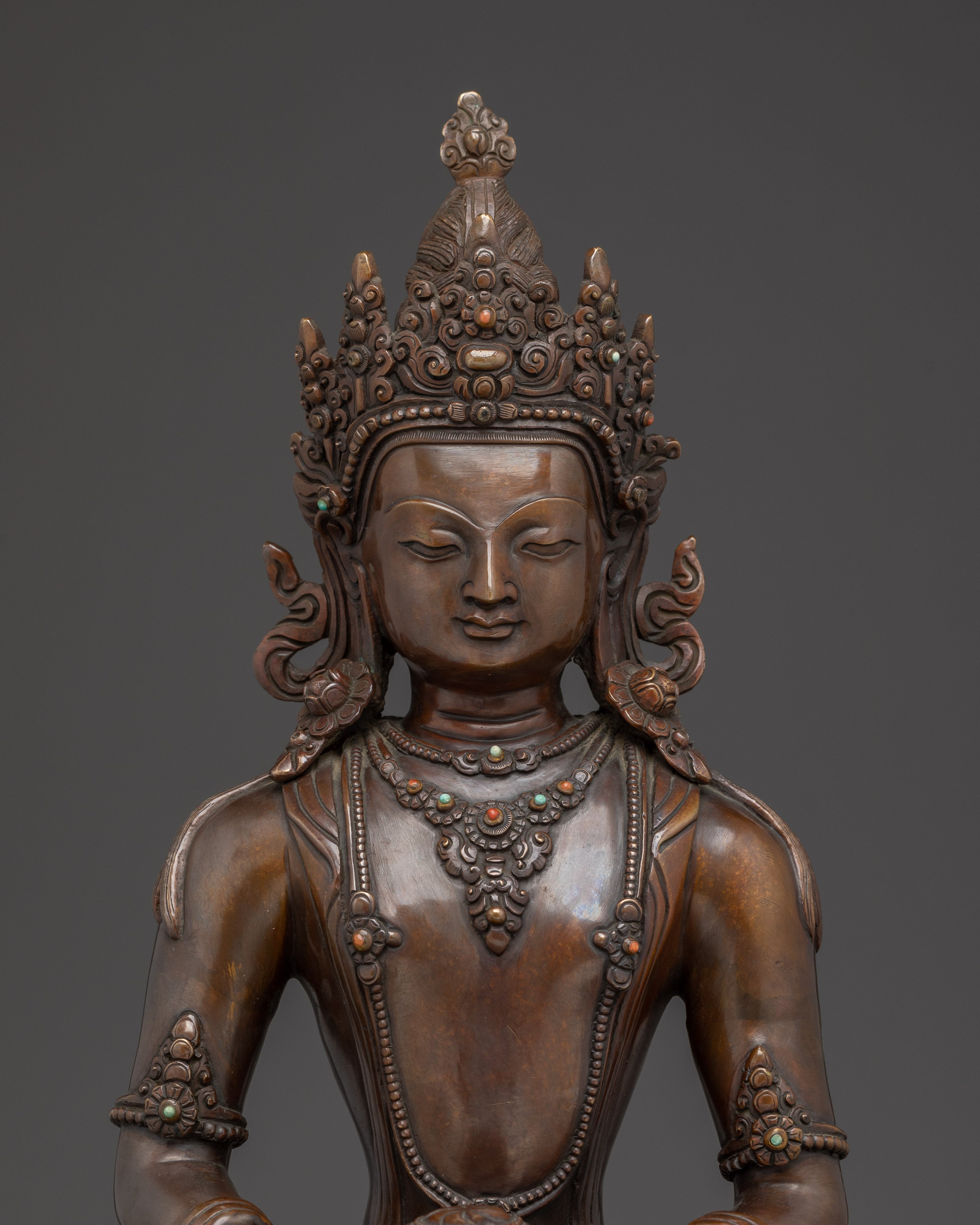 Crown Amitabha Buddha in Oxidized Copper | Ideal for Altars and Meditation