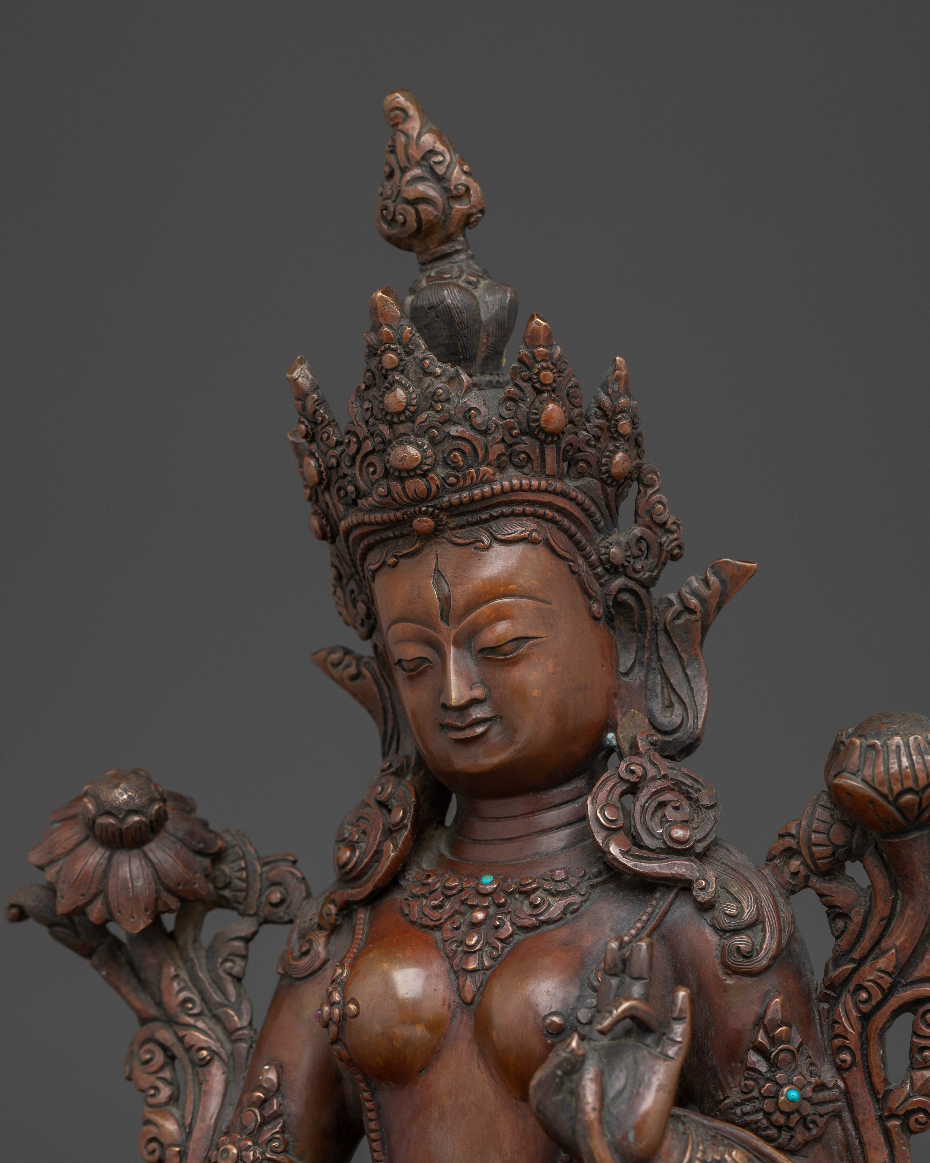 Oxidized White Tara Art in Copper | Symbol of Compassion and Longevity