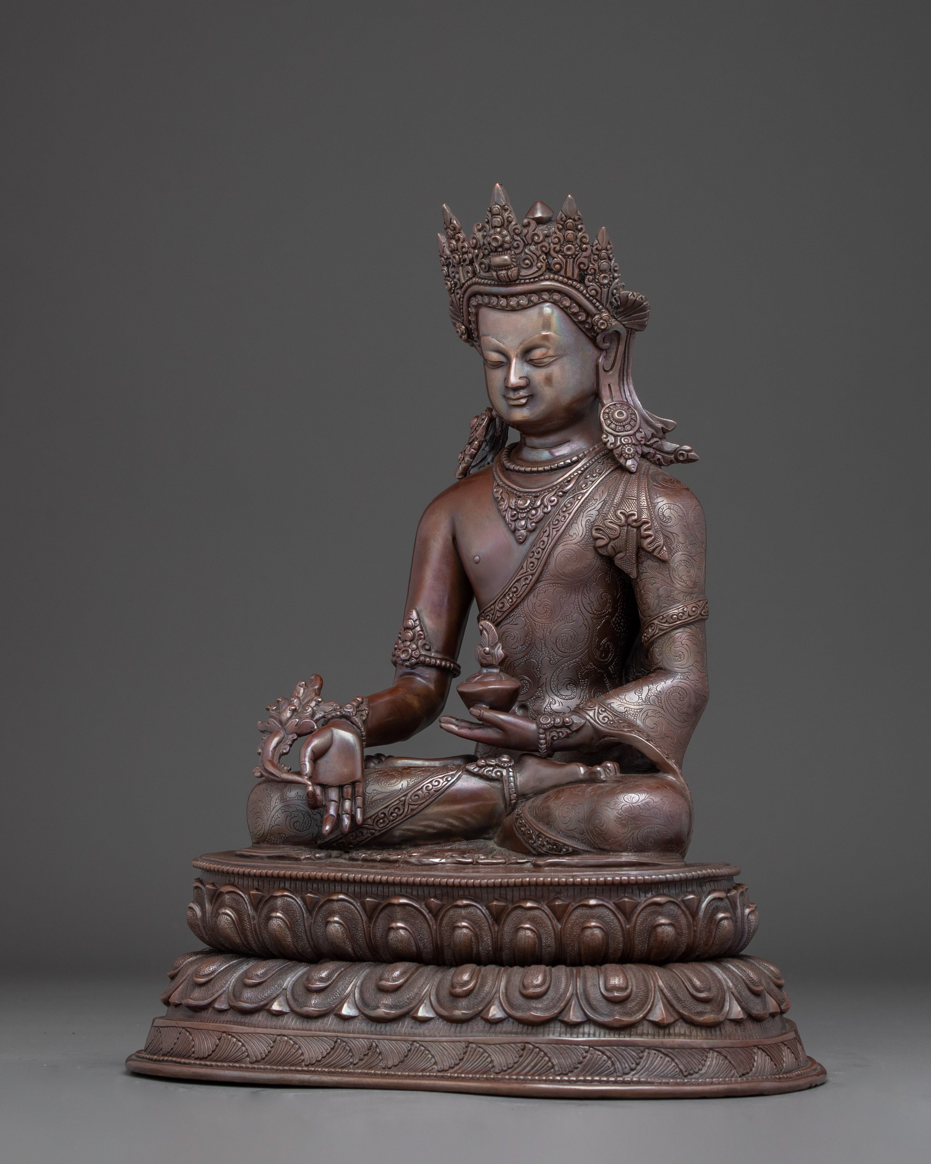 Oxidized Statue of Crowned Medicine Buddha | Supreme Healer