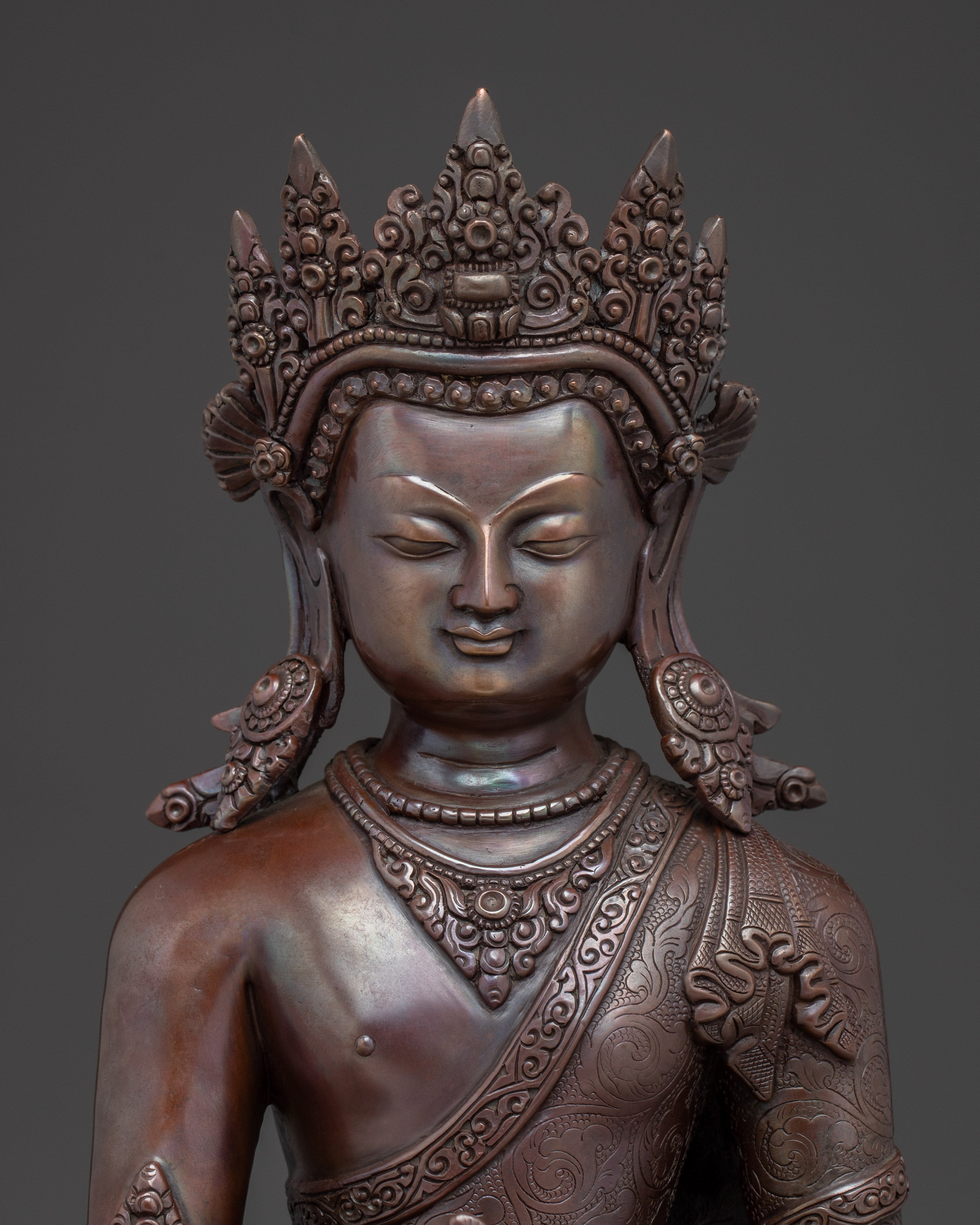 Oxidized Statue of Crowned Medicine Buddha | Supreme Healer