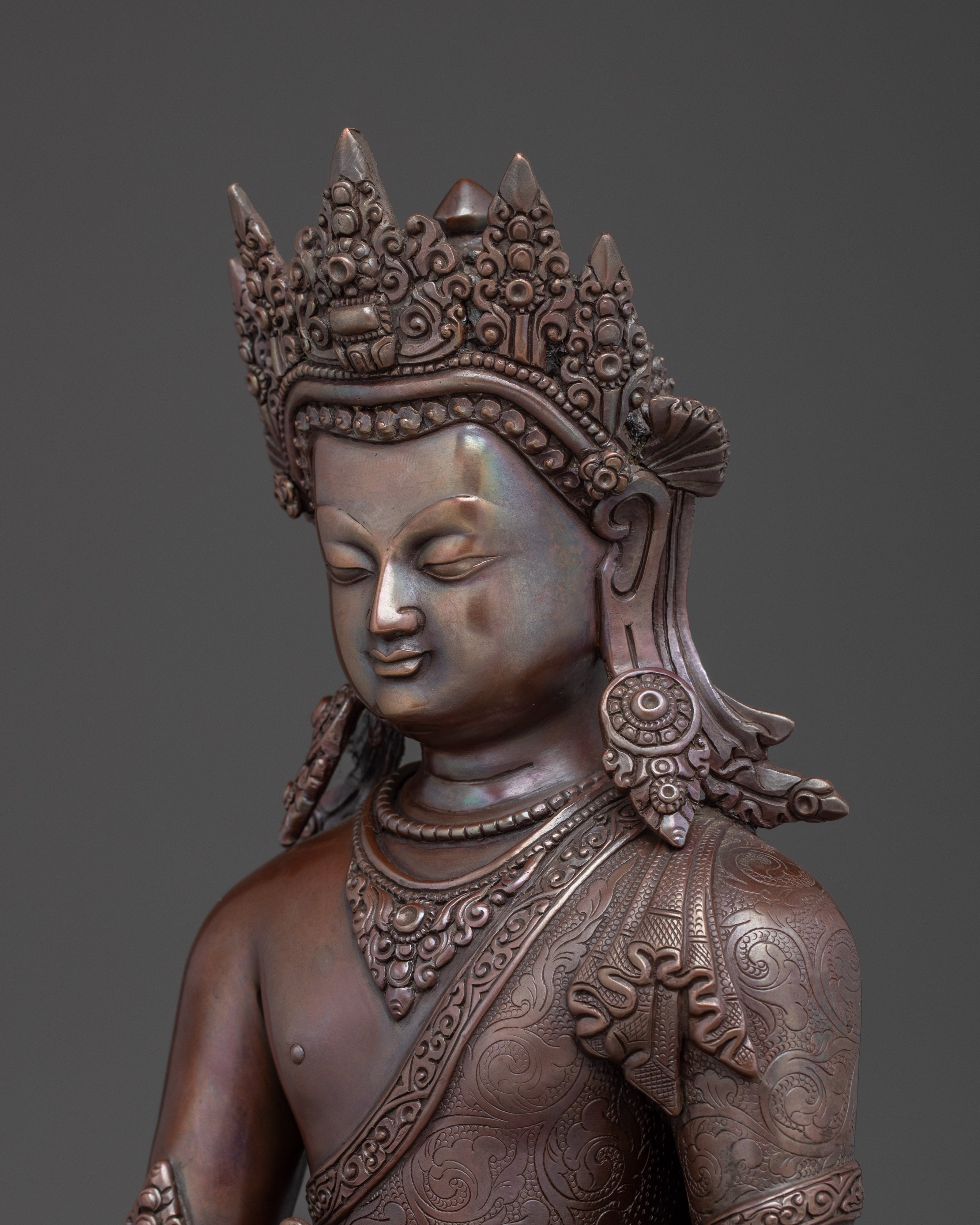 Oxidized Statue of Crowned Medicine Buddha | Supreme Healer