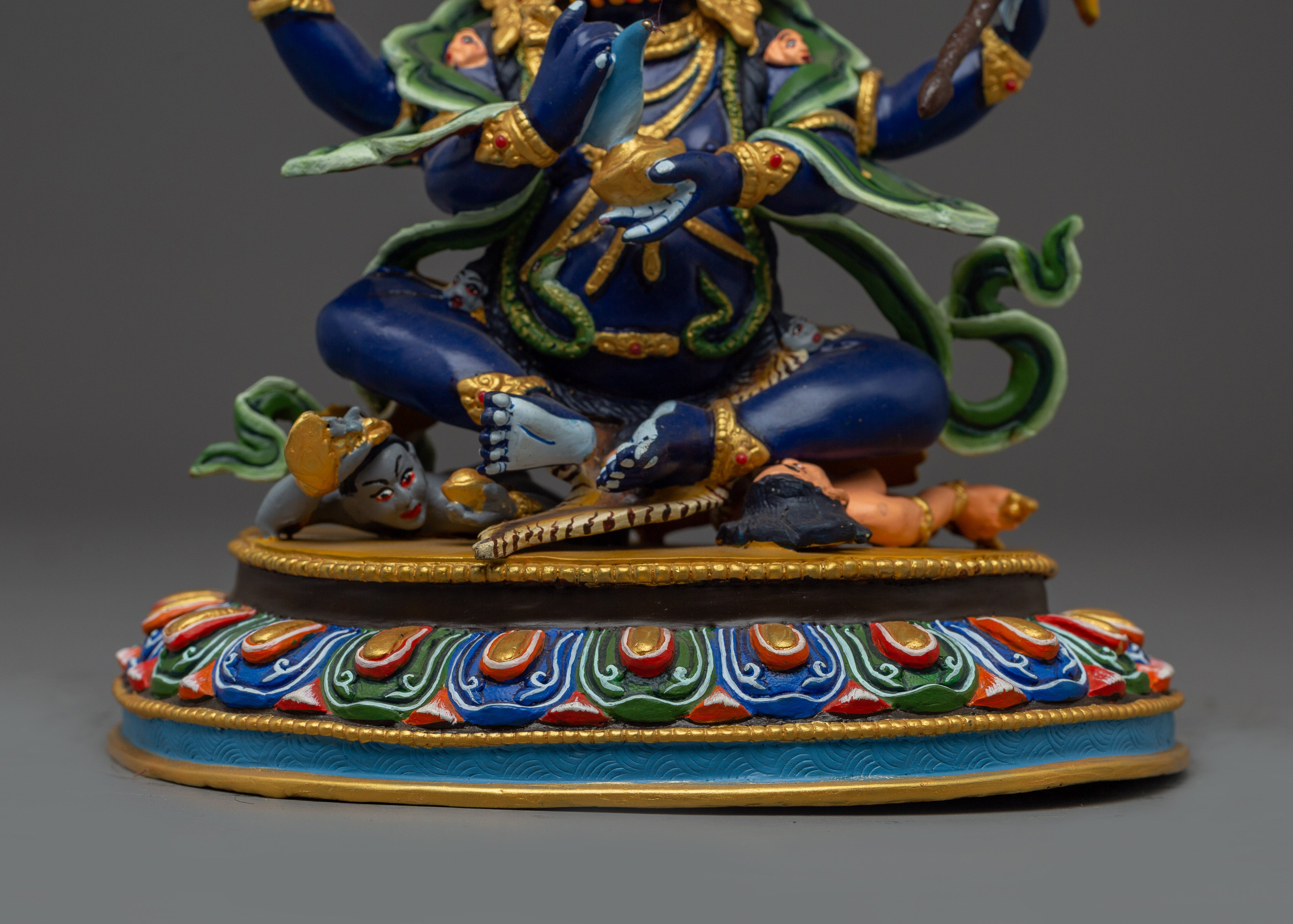 4 Arm Mahakala Copper Statue | Gold & Acrylic Painted Buddhist Protector Deity