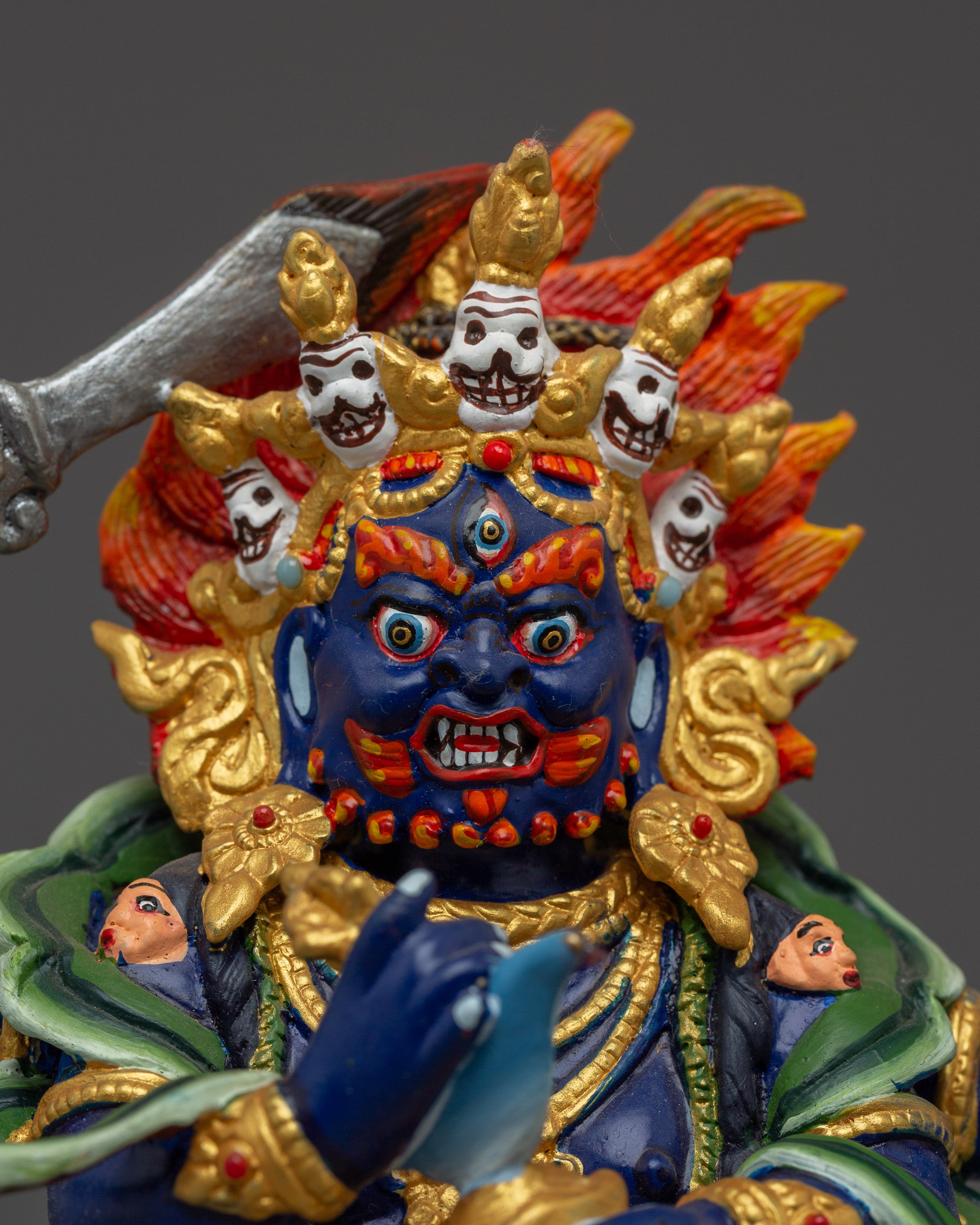 4 Arm Mahakala Copper Statue | Gold & Acrylic Painted Buddhist Protector Deity