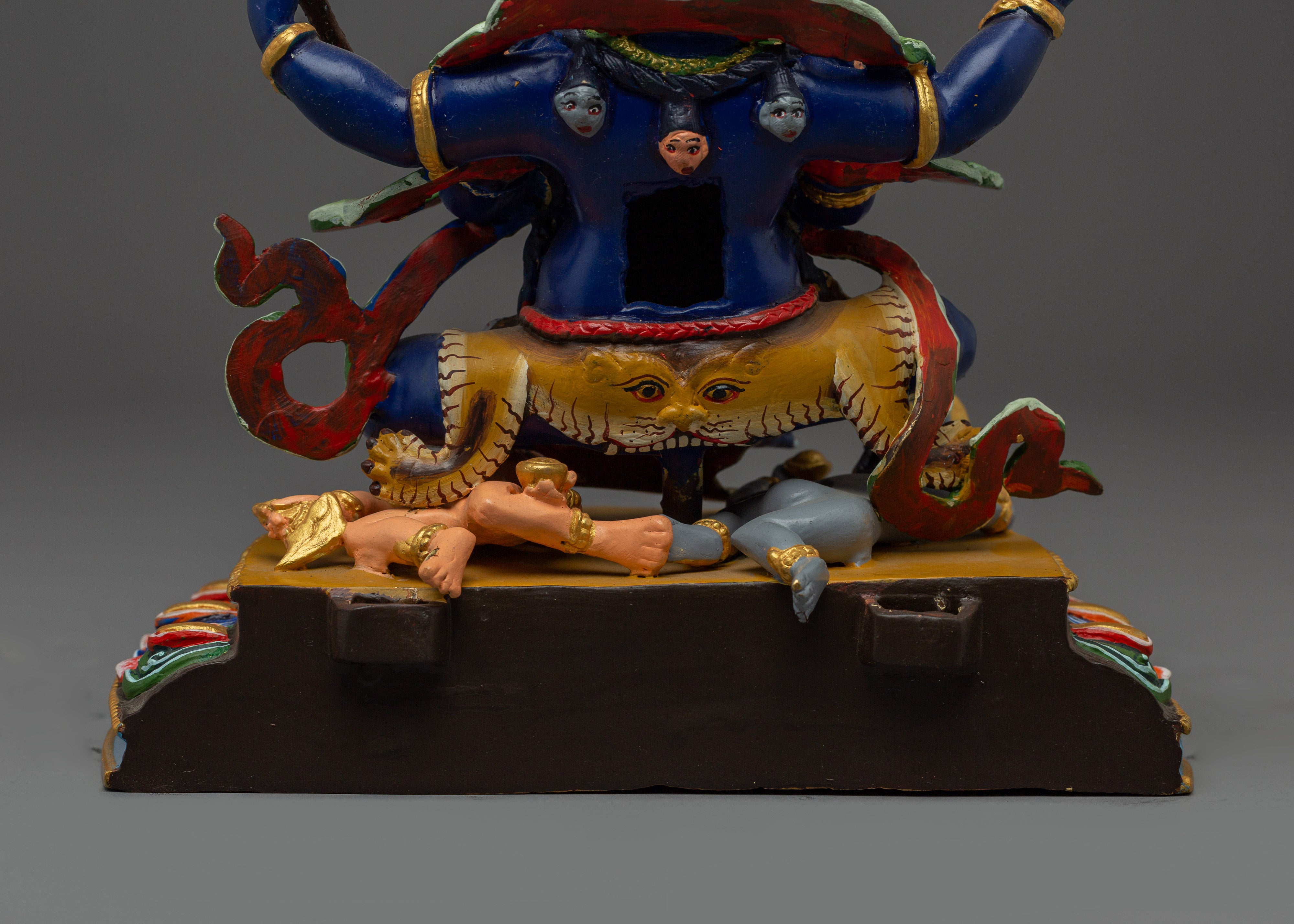 4 Arm Mahakala Copper Statue | Gold & Acrylic Painted Buddhist Protector Deity