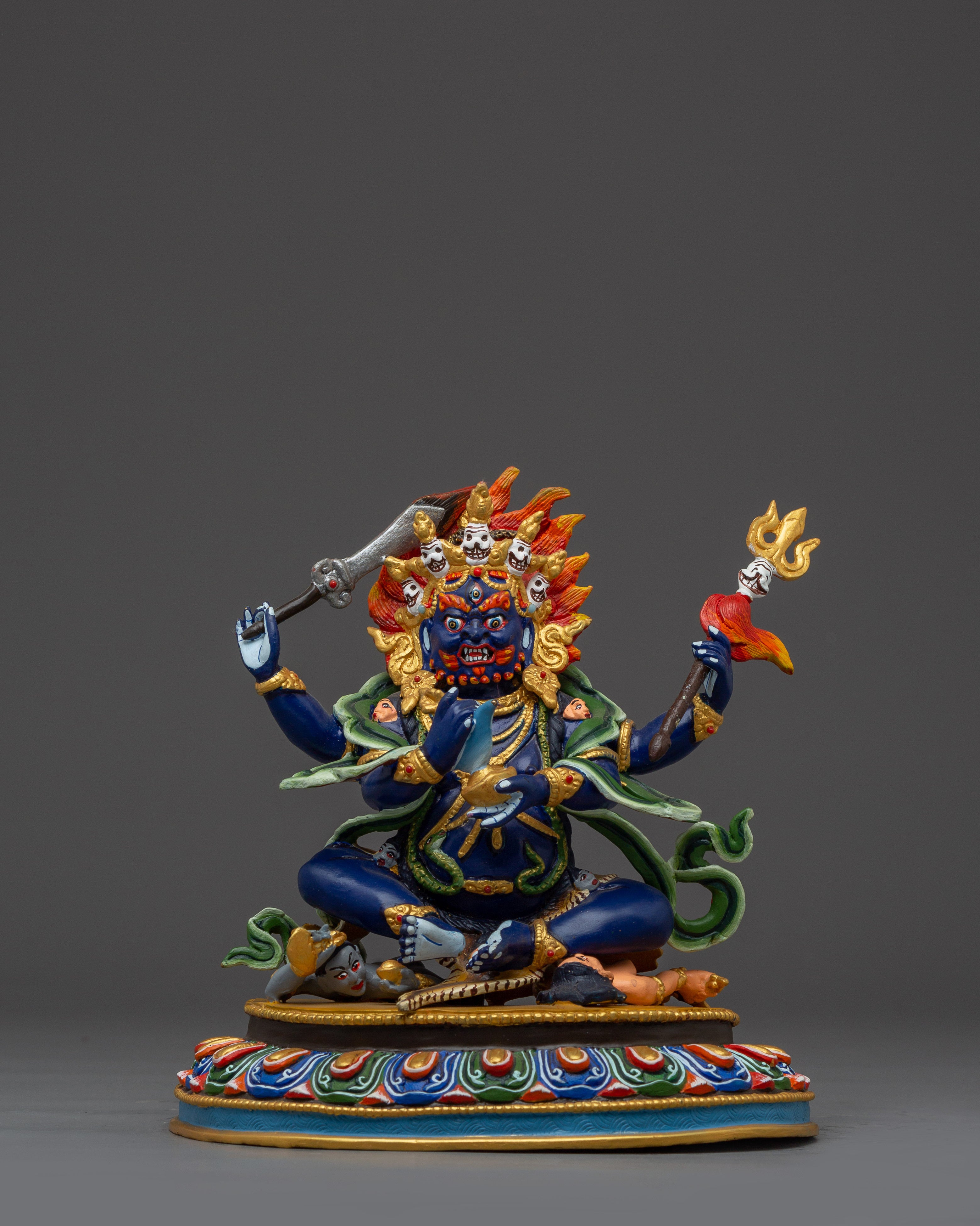 4 Arm Mahakala Copper Statue | Gold & Acrylic Painted Buddhist Protector Deity