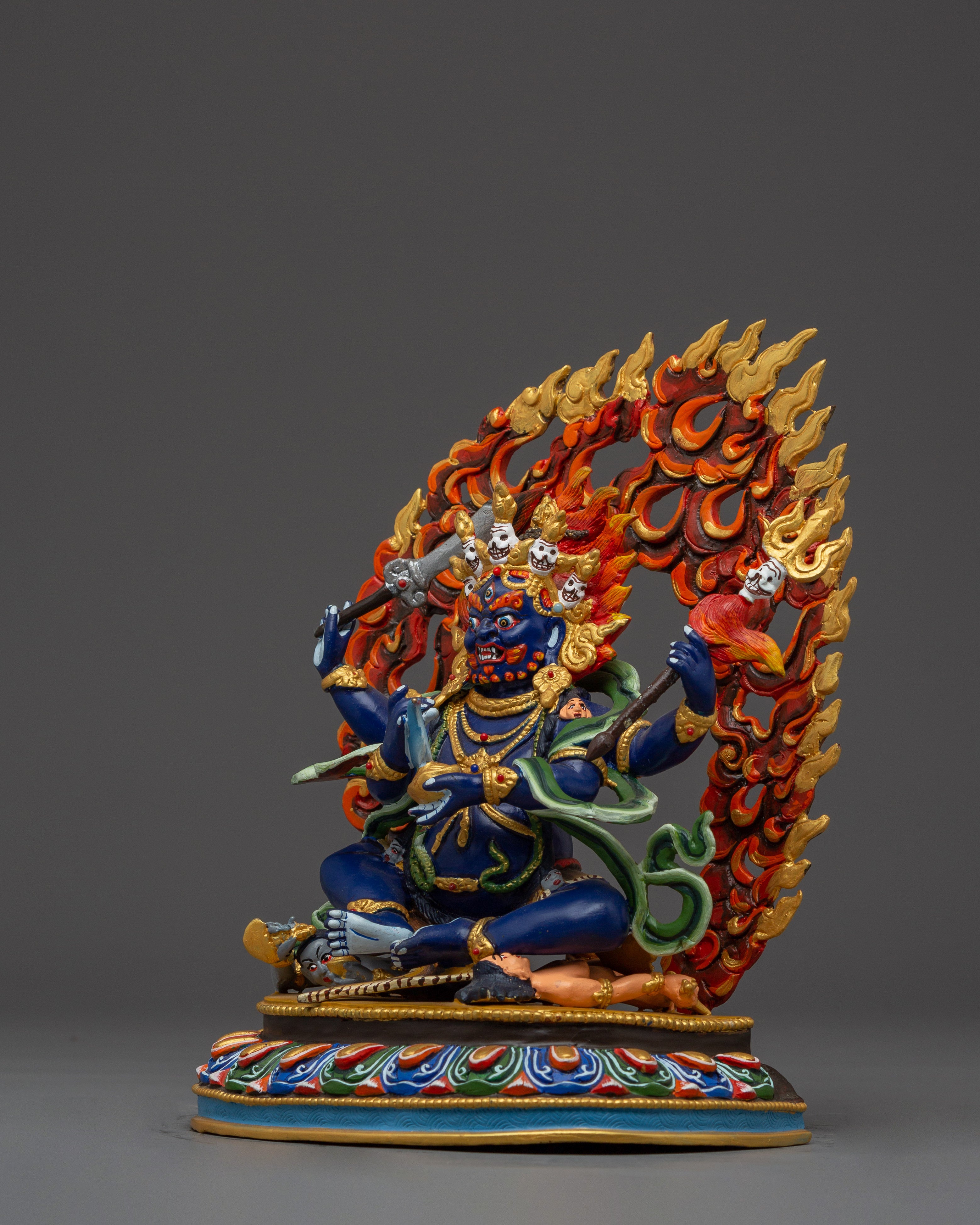 4 Arm Mahakala Copper Statue | Gold & Acrylic Painted Buddhist Protector Deity