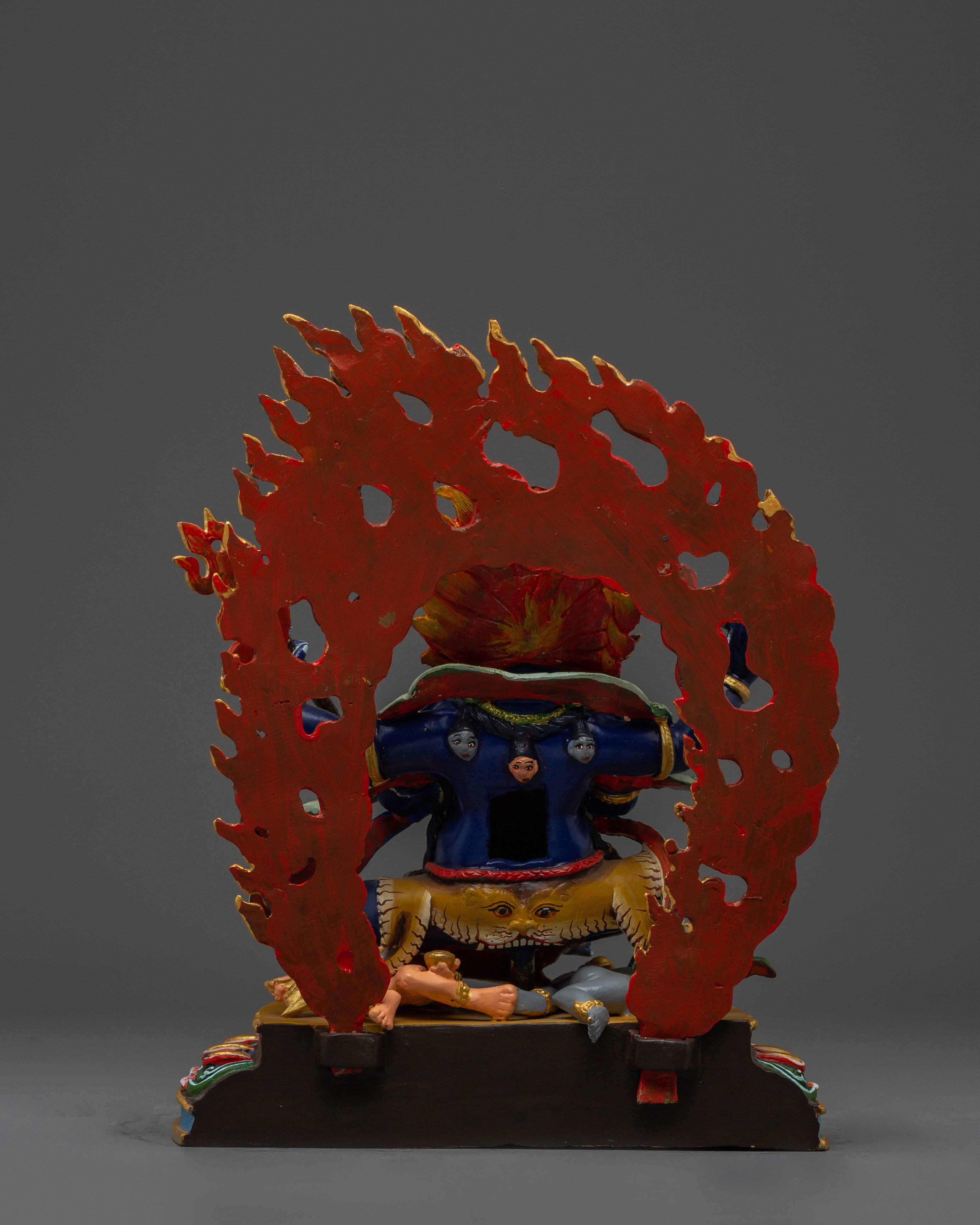 4 Arm Mahakala Copper Statue | Gold & Acrylic Painted Buddhist Protector Deity