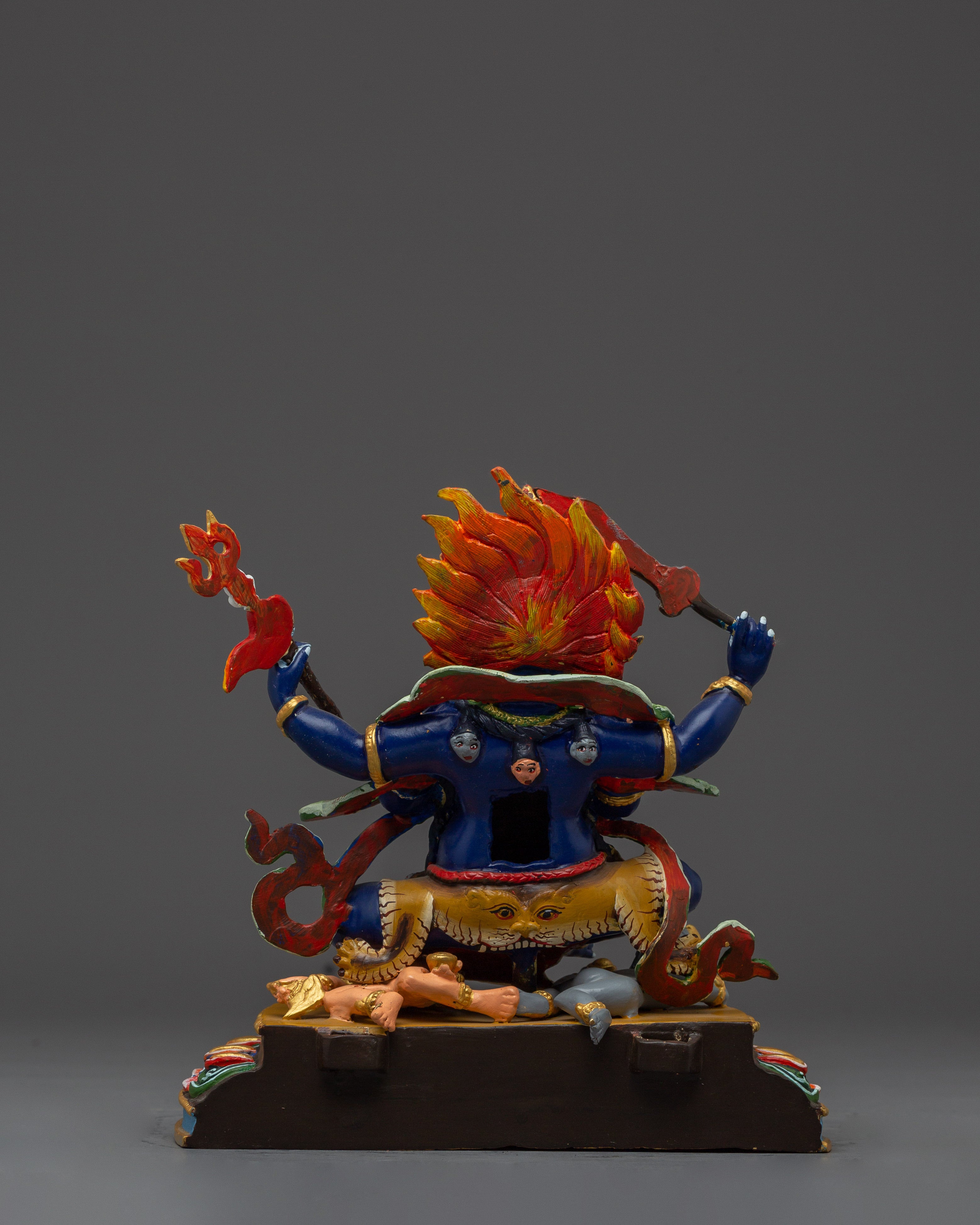 4 Arm Mahakala Copper Statue | Gold & Acrylic Painted Buddhist Protector Deity