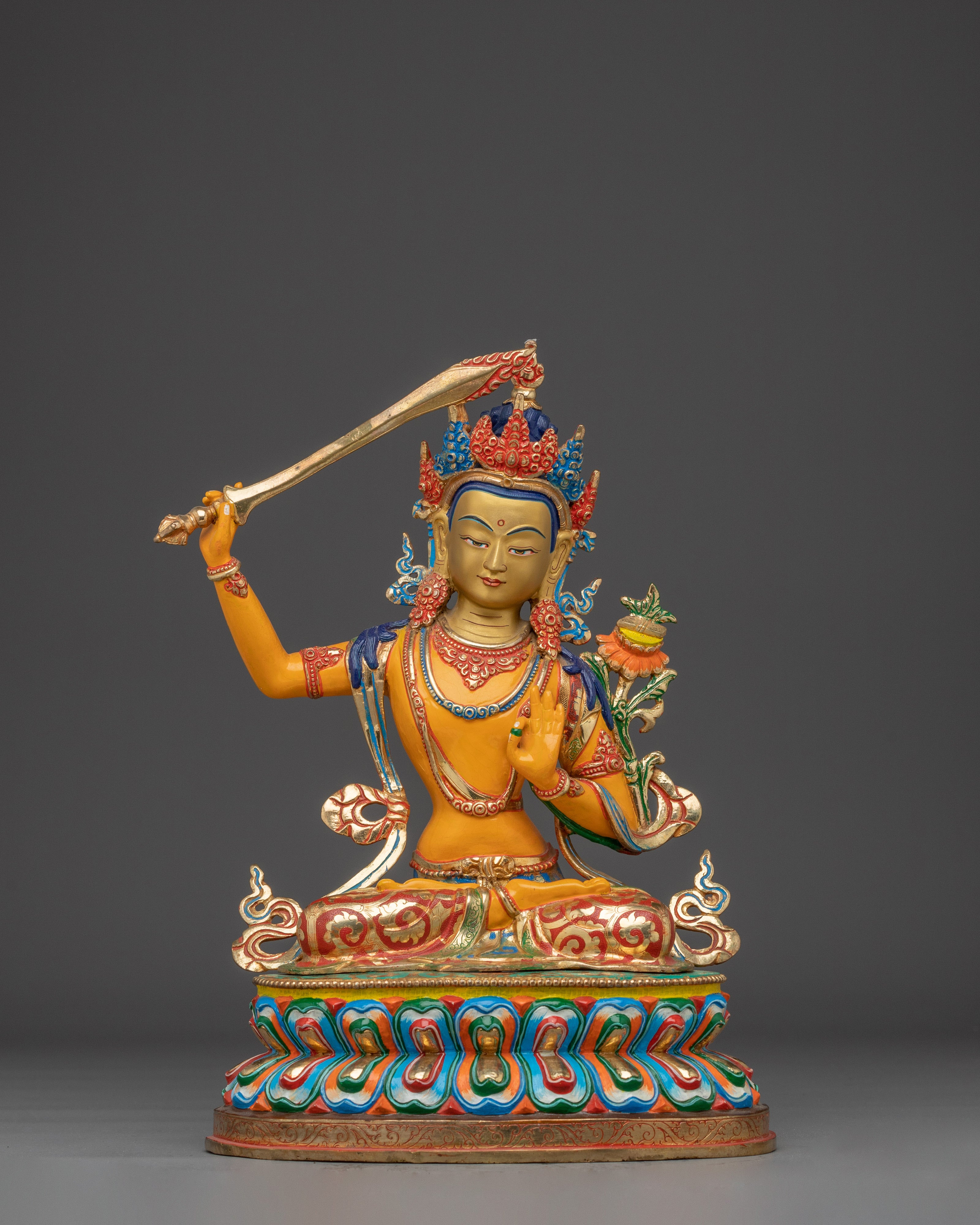 Manjushri Statue with Copper Body | Buddhist Altar, Meditation, or Shrine Decor