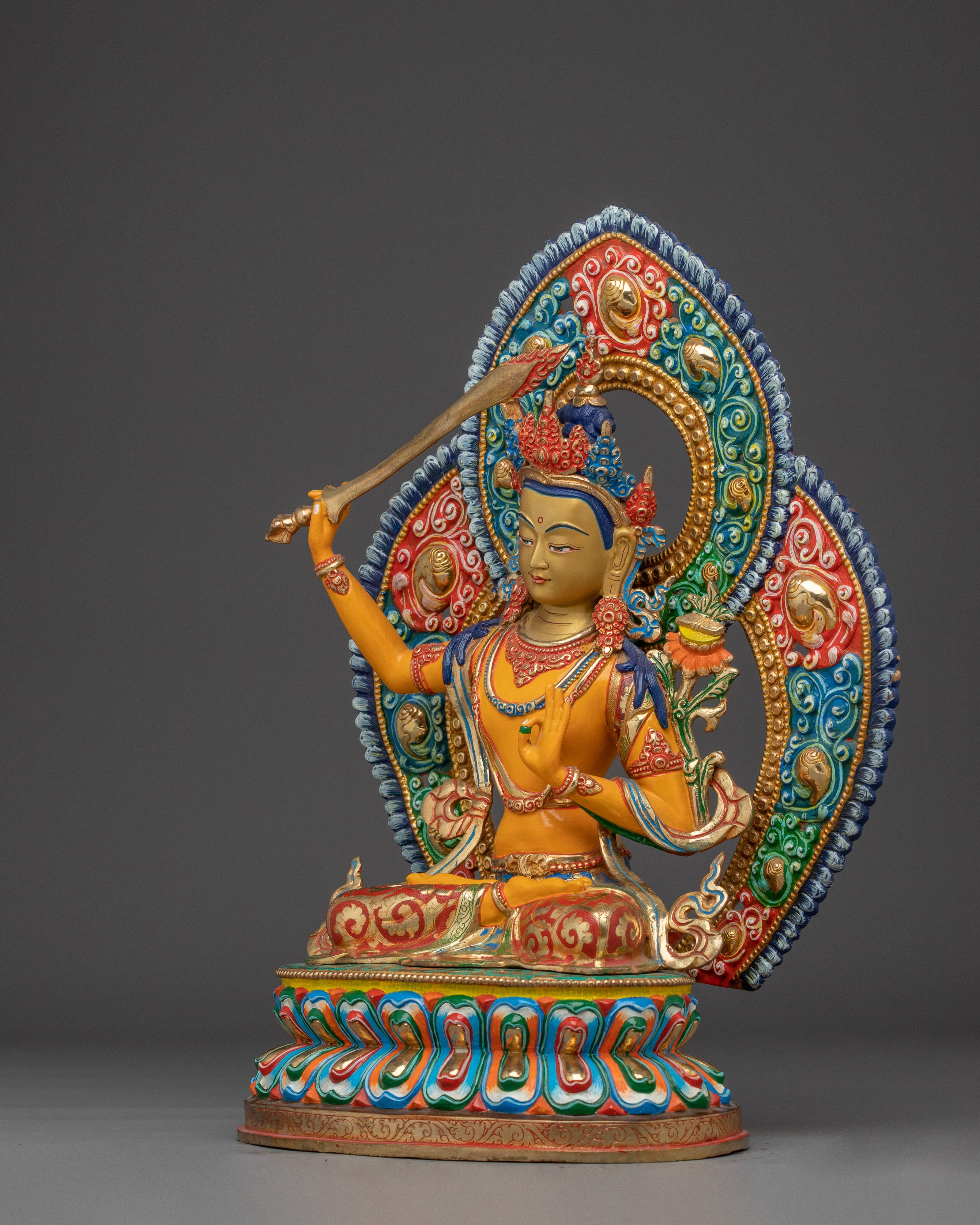 Manjushri Statue with Copper Body | Buddhist Altar, Meditation, or Shrine Decor