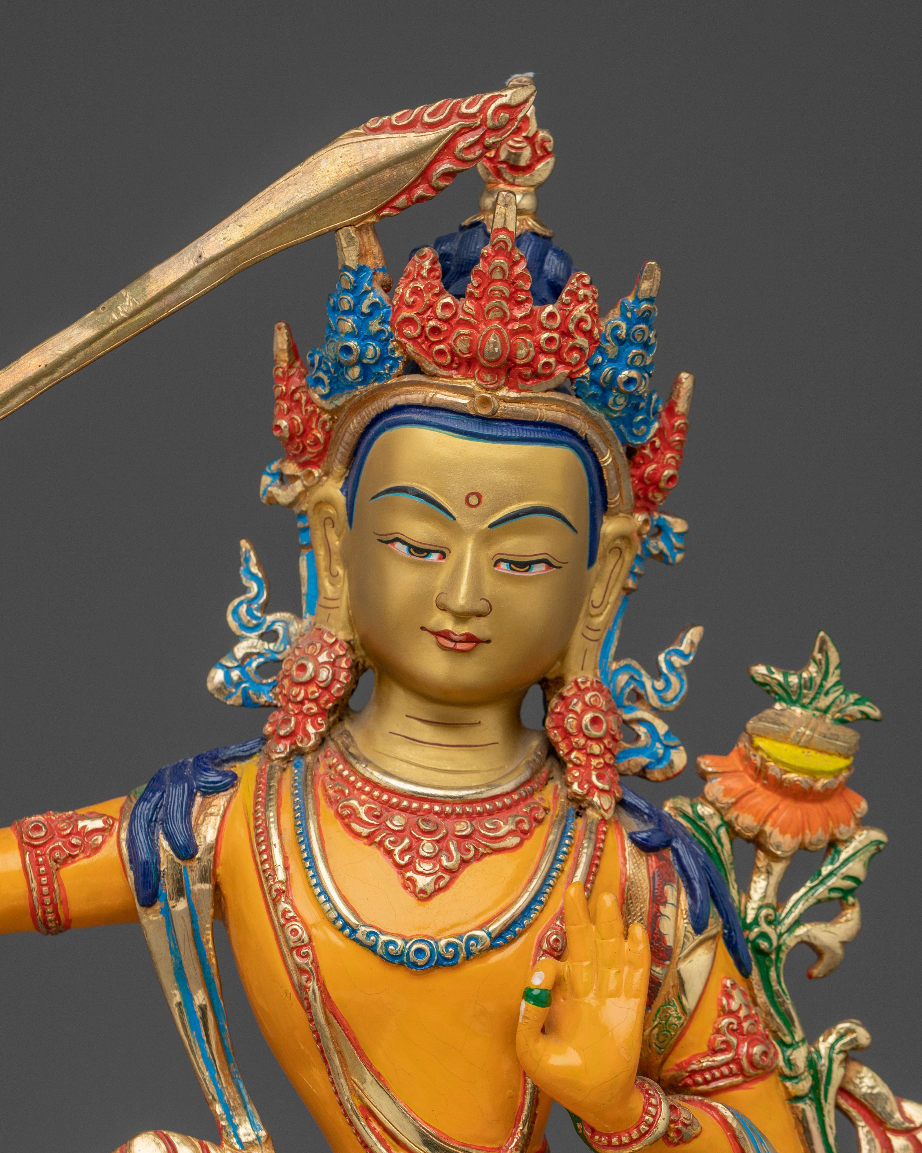 Manjushri Statue with Copper Body | Buddhist Altar, Meditation, or Shrine Decor