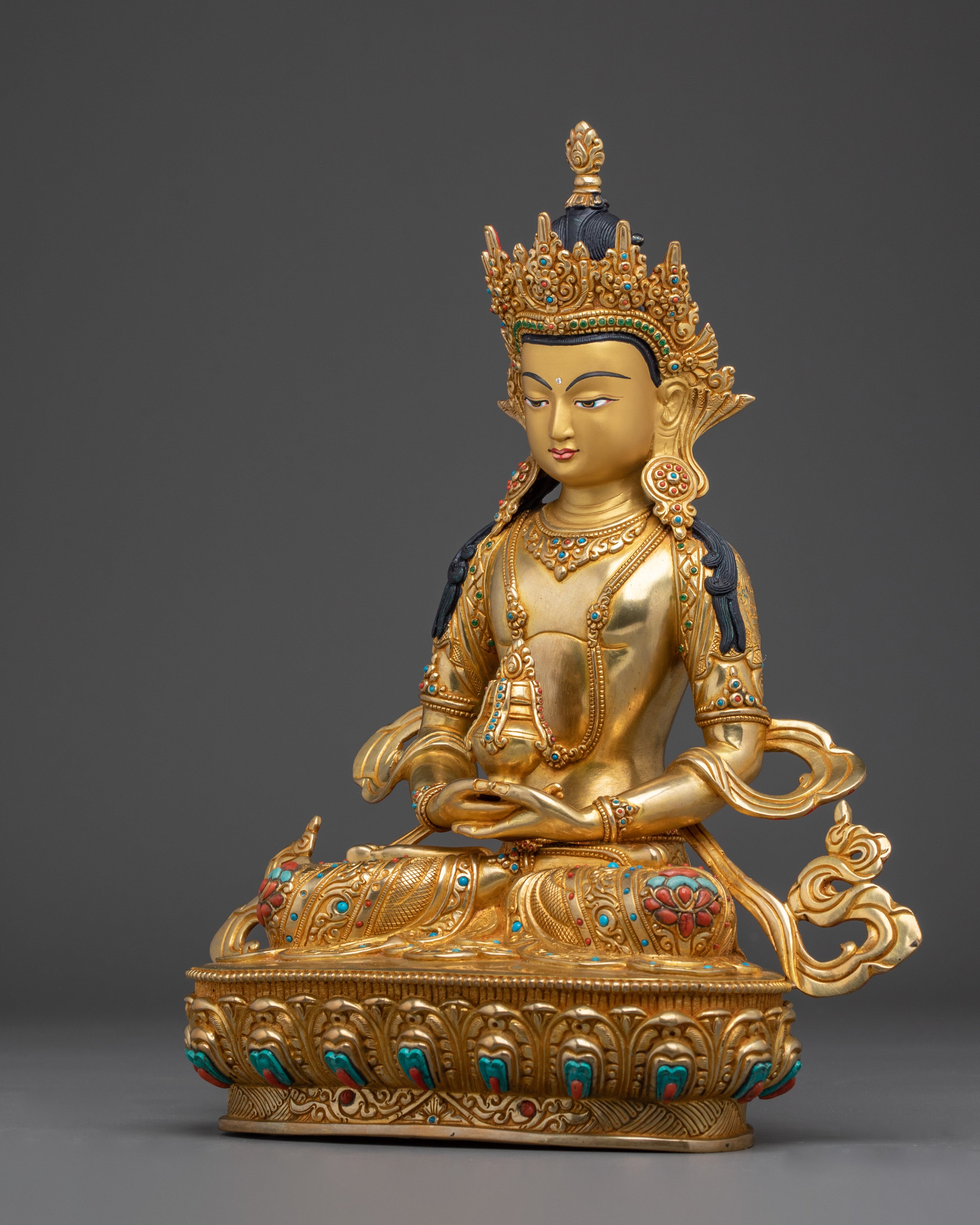Handmade Amitayus Buddha Statue | Gold Gilded Copper Sculpture for Longevity