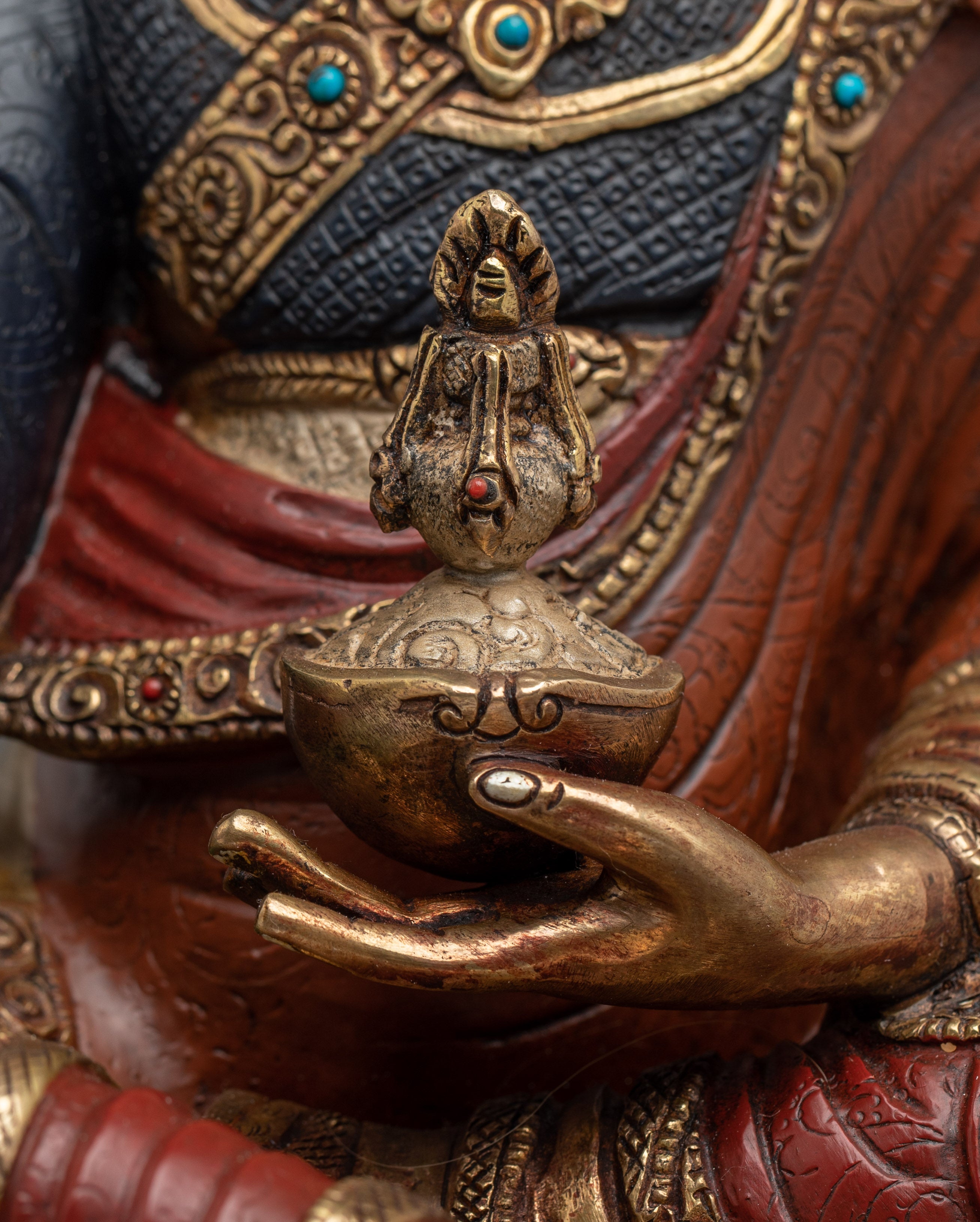 Guru Rinpoche Figure Gold & Acrylic Detailing | Buddhist Deity for Altar & Meditation