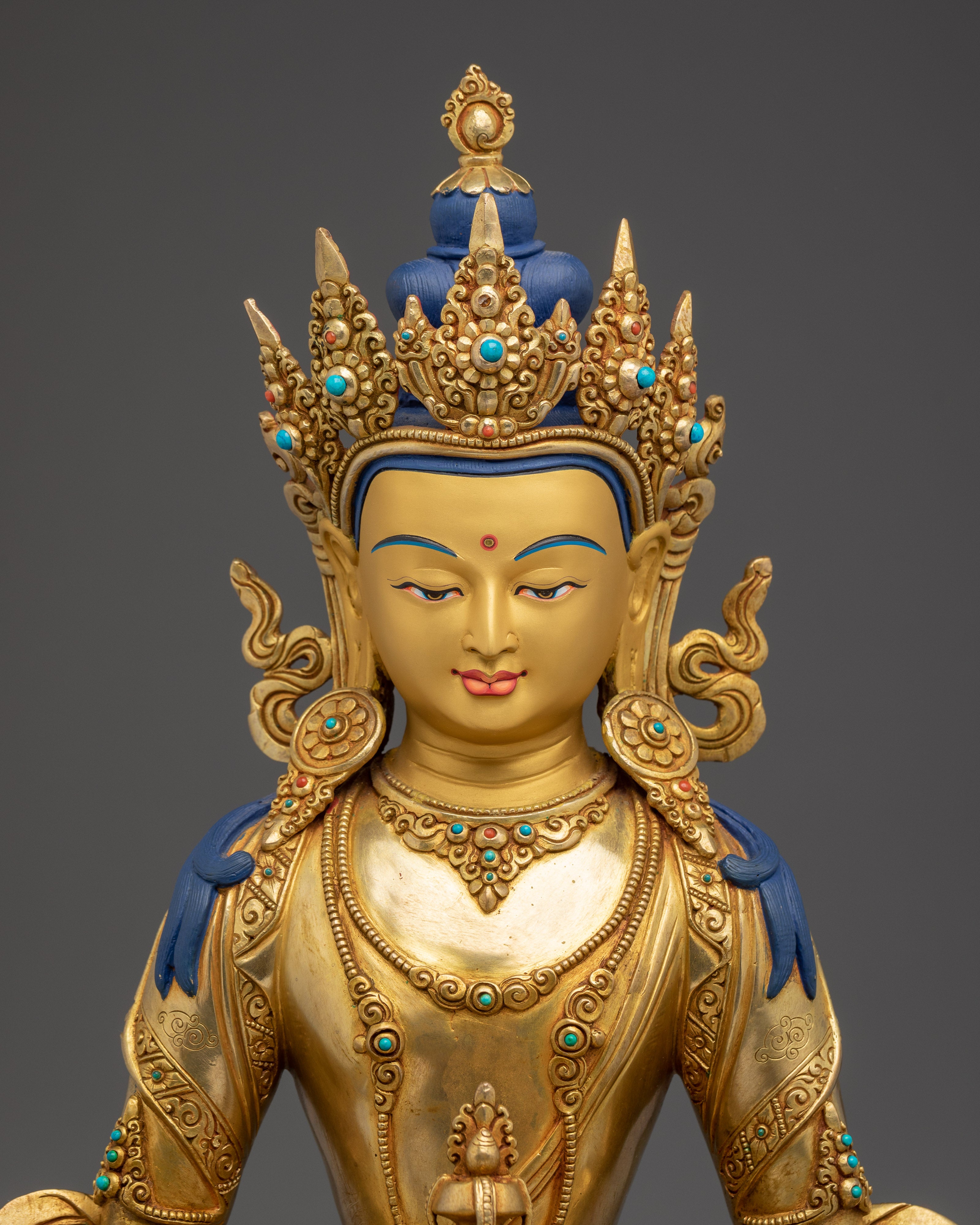 Peaceful Amitayus Golden Handmade Statue | Buddhist Spiritual Artwork