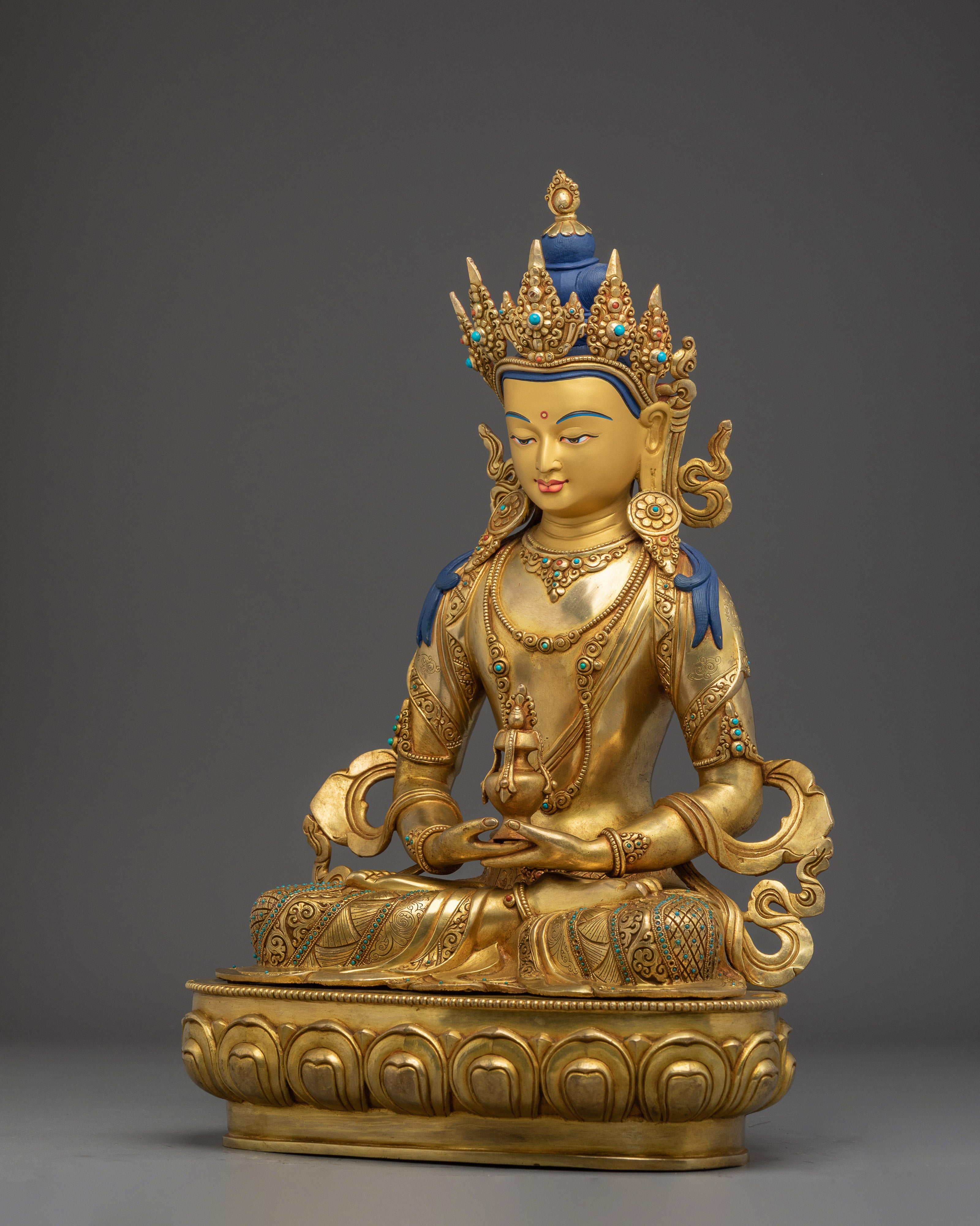 Peaceful Amitayus Golden Handmade Statue | Buddhist Spiritual Artwork