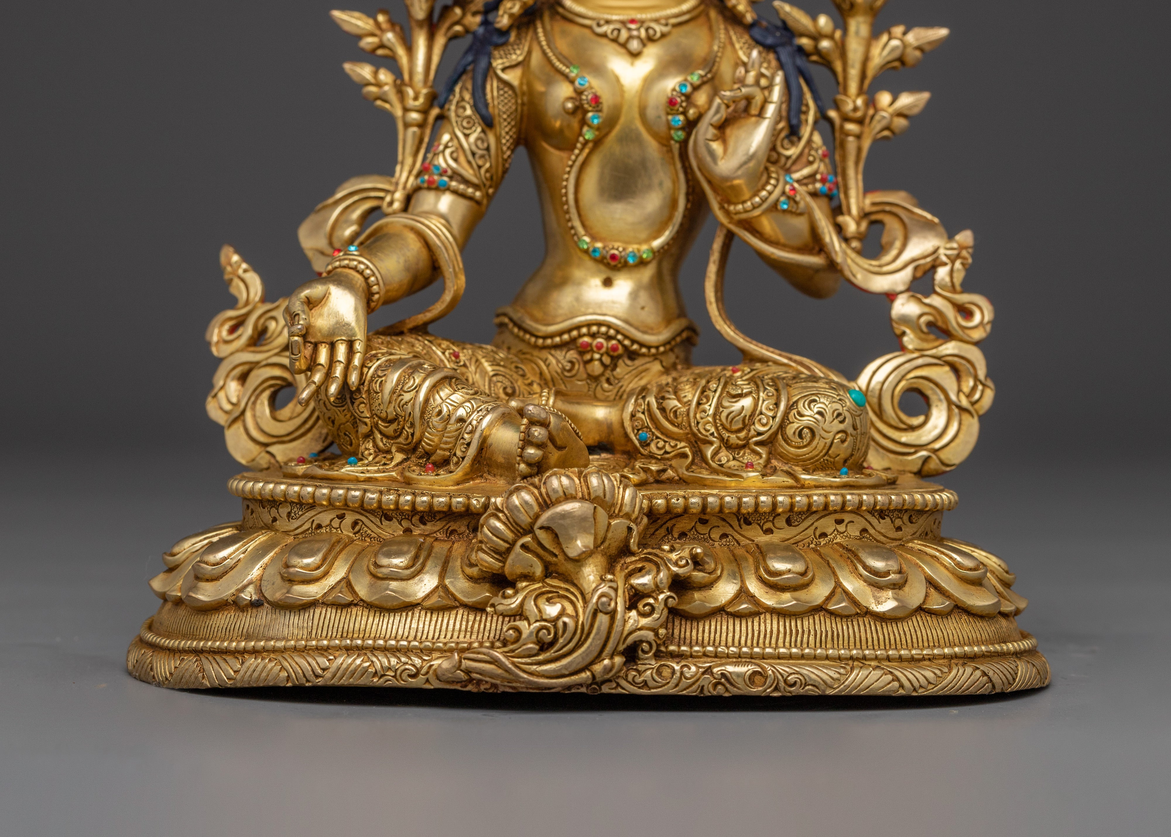 Gold Gilded Green Tara Copper Statue | Buddhist Goddess for Altar