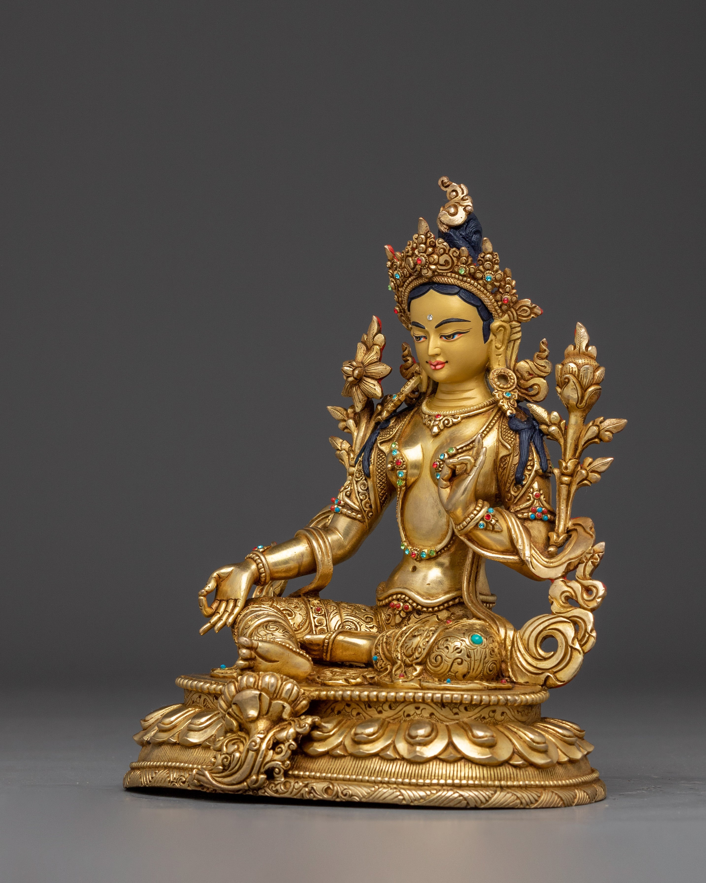 Gold Gilded Green Tara Copper Statue | Buddhist Goddess for Altar