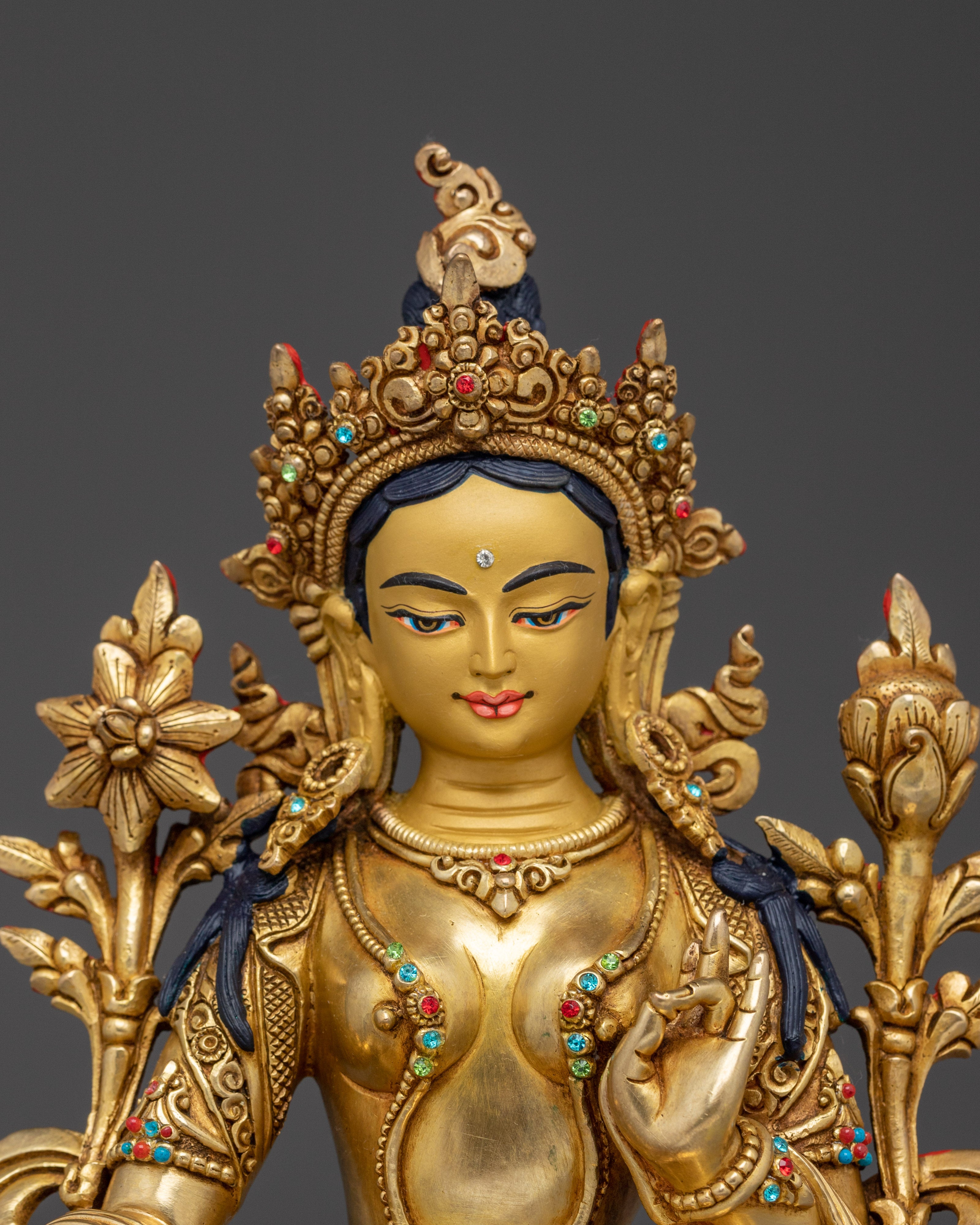 Gold Gilded Green Tara Copper Statue | Buddhist Goddess for Altar