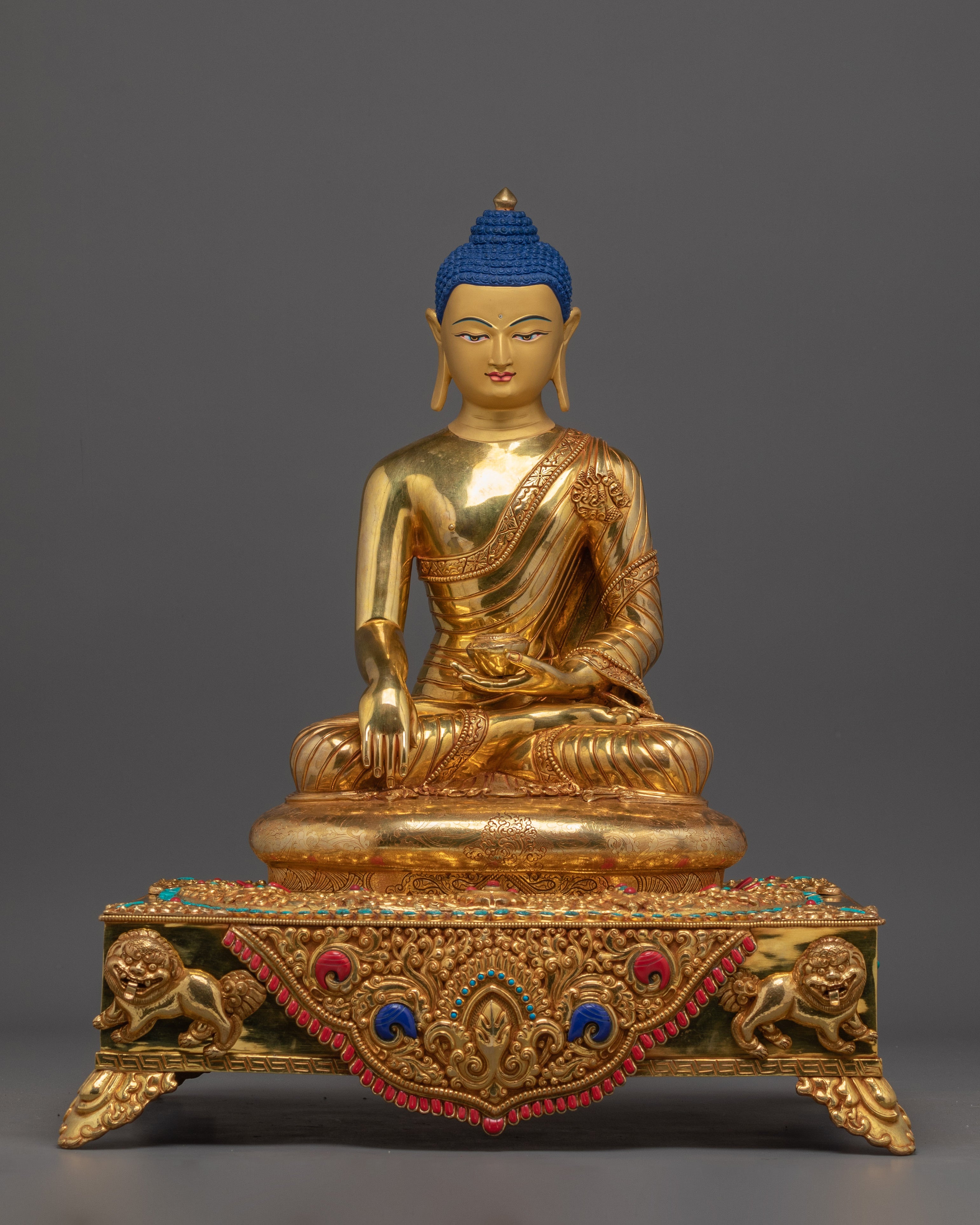 Gold Gilded Shakyamuni Buddha On Throne | Tibetan Buddhist Art