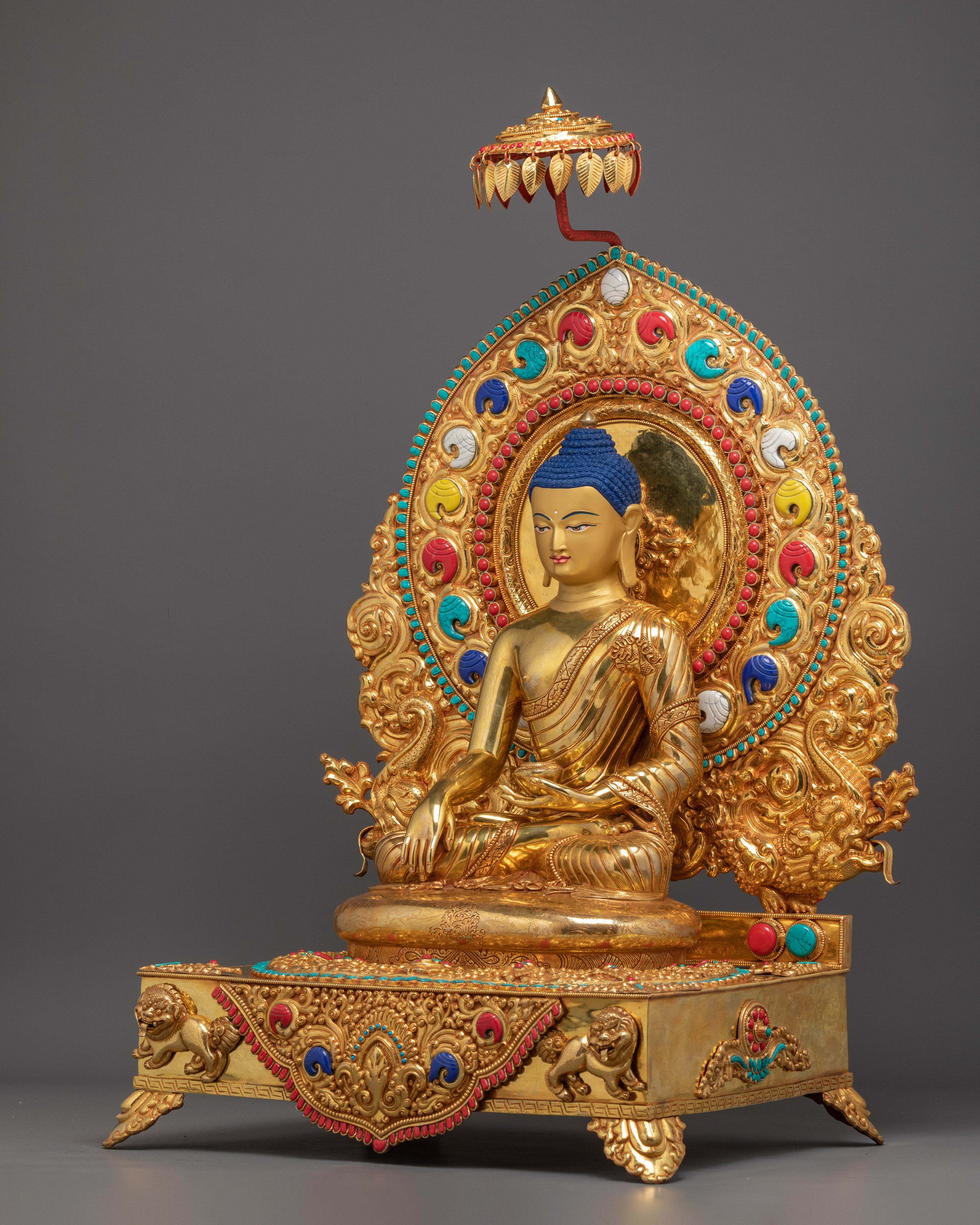 Gold Gilded Shakyamuni Buddha On Throne | Tibetan Buddhist Art