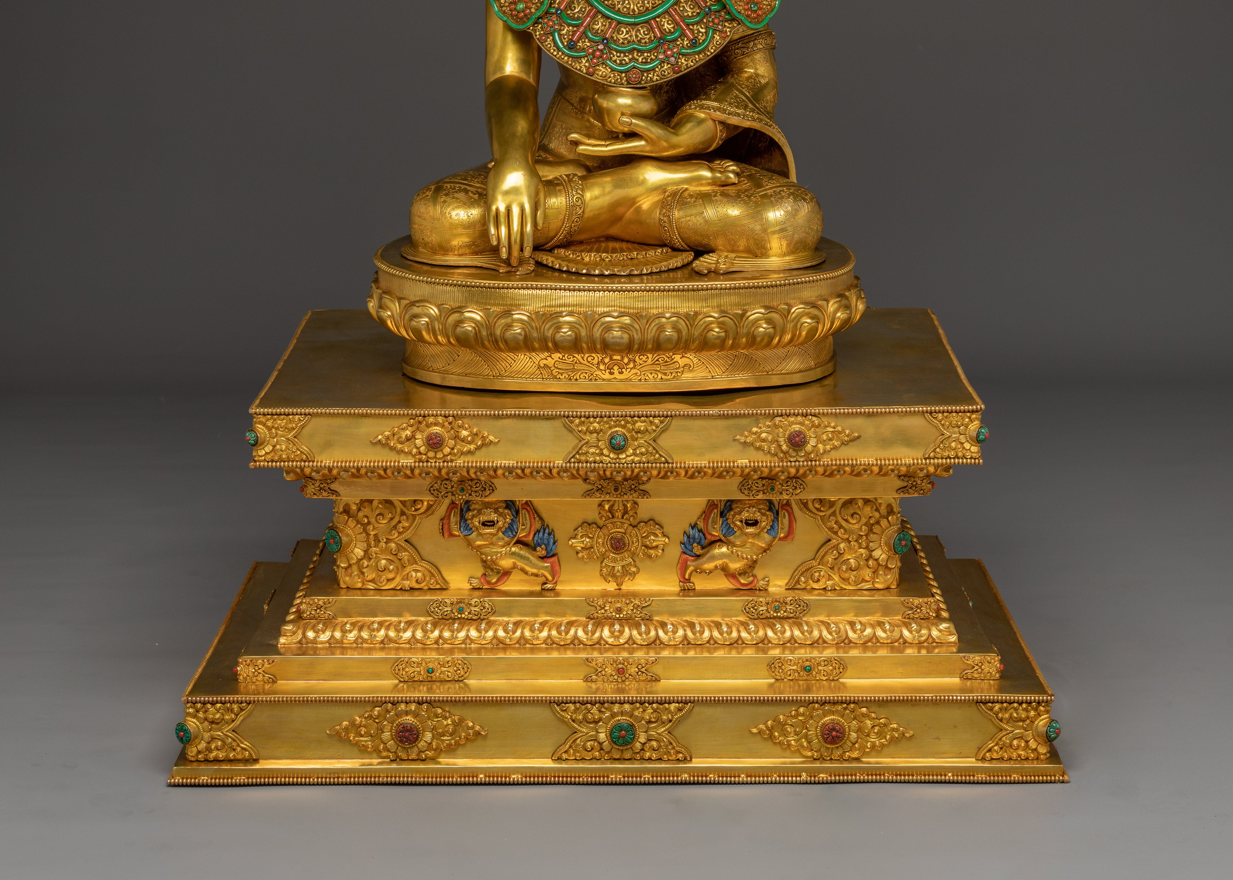 Crown shakyamuni Buddha with Throne | Handcarved Gemstones and Gold Detailing