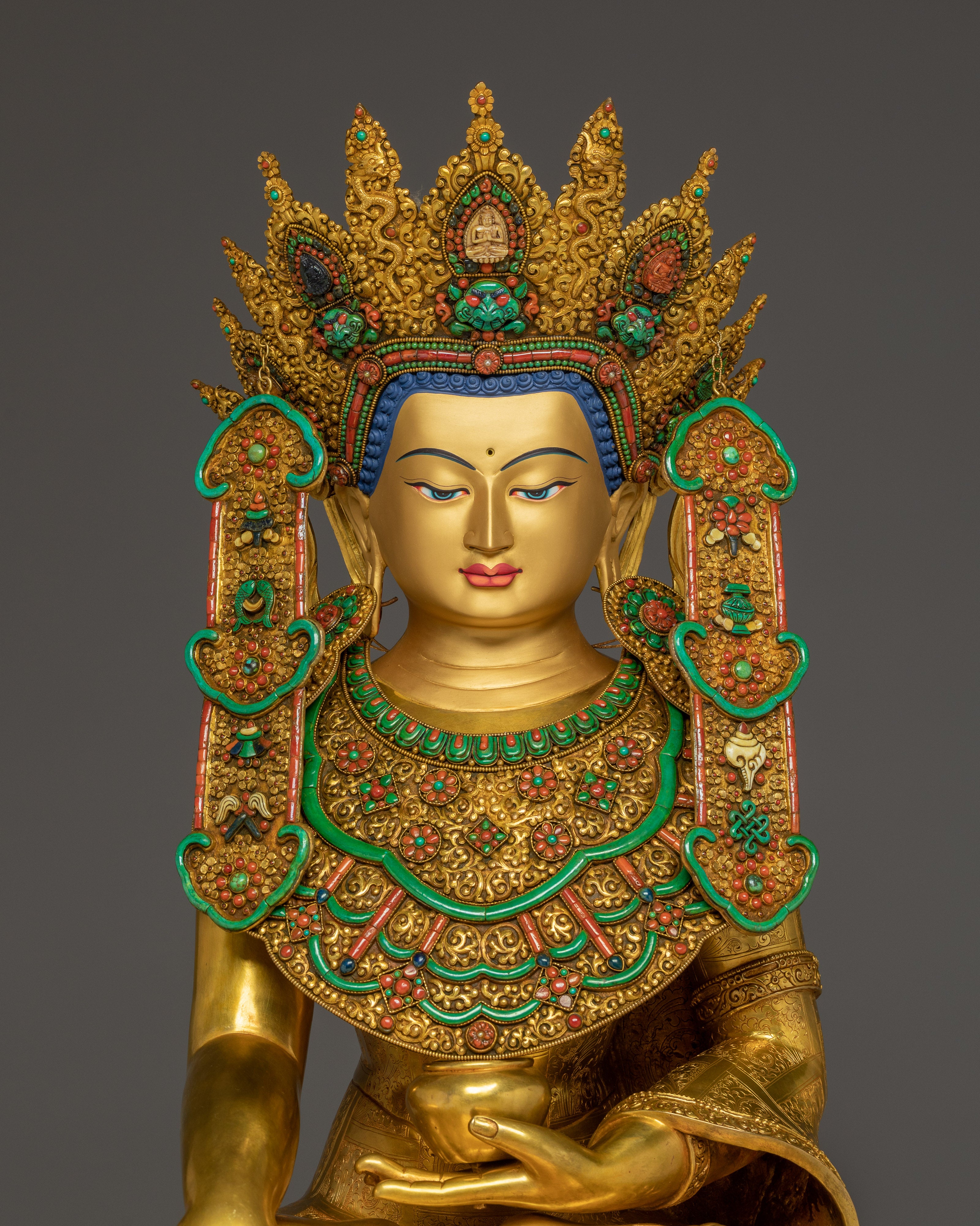 Crown shakyamuni Buddha with Throne | Handcarved Gemstones and Gold Detailing