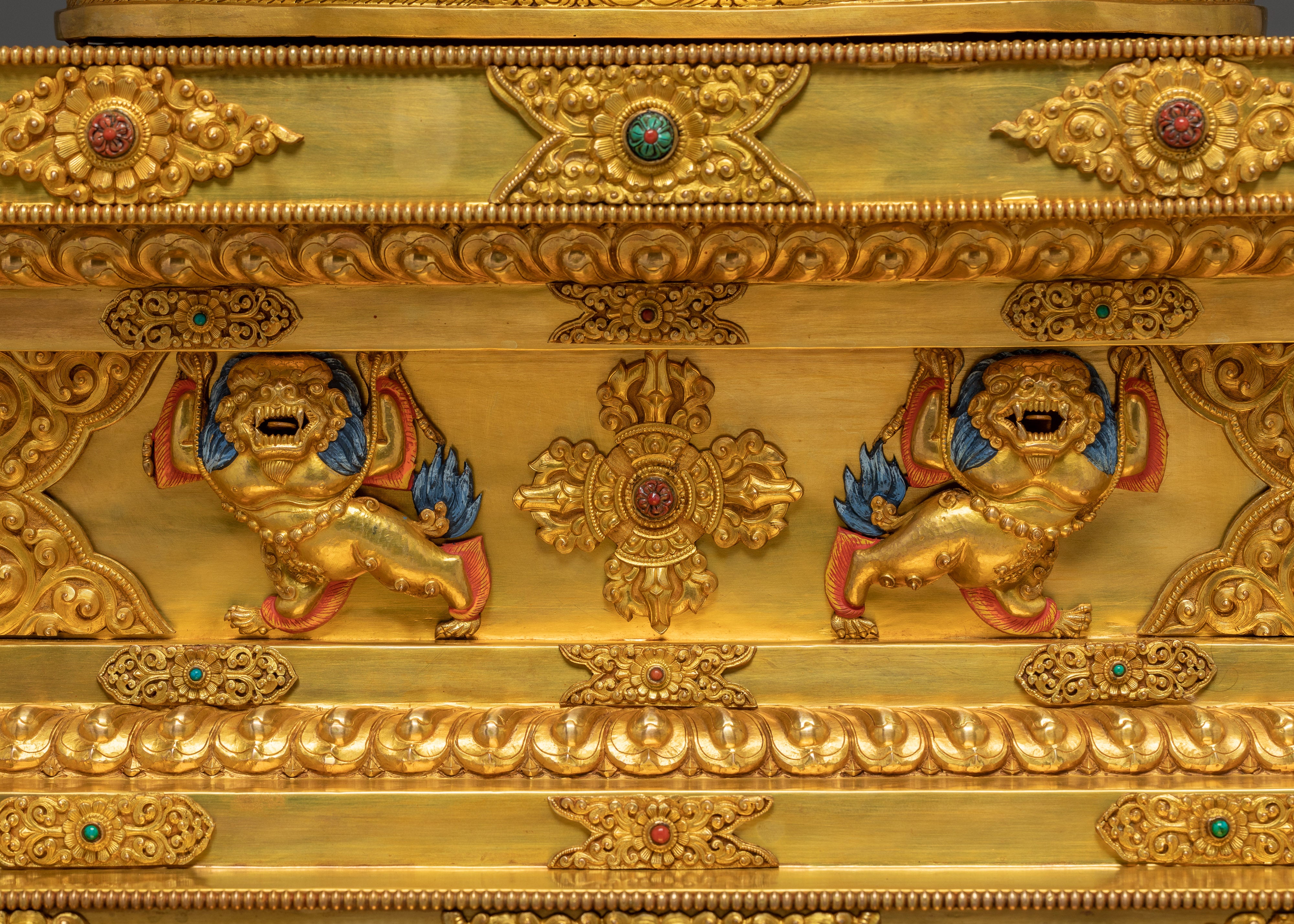 Crown shakyamuni Buddha with Throne | Handcarved Gemstones and Gold Detailing