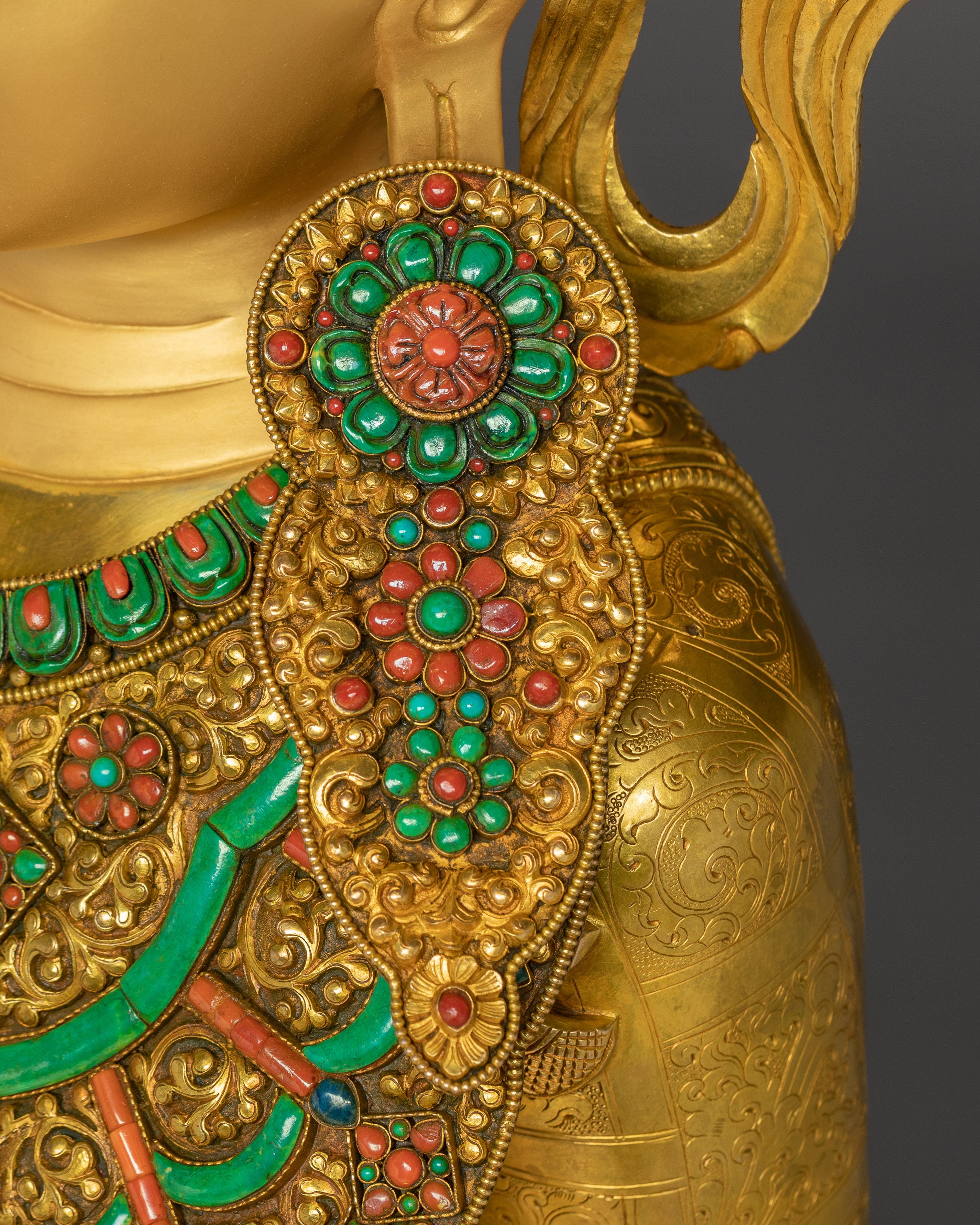 Crown shakyamuni Buddha with Throne | Handcarved Gemstones and Gold Detailing