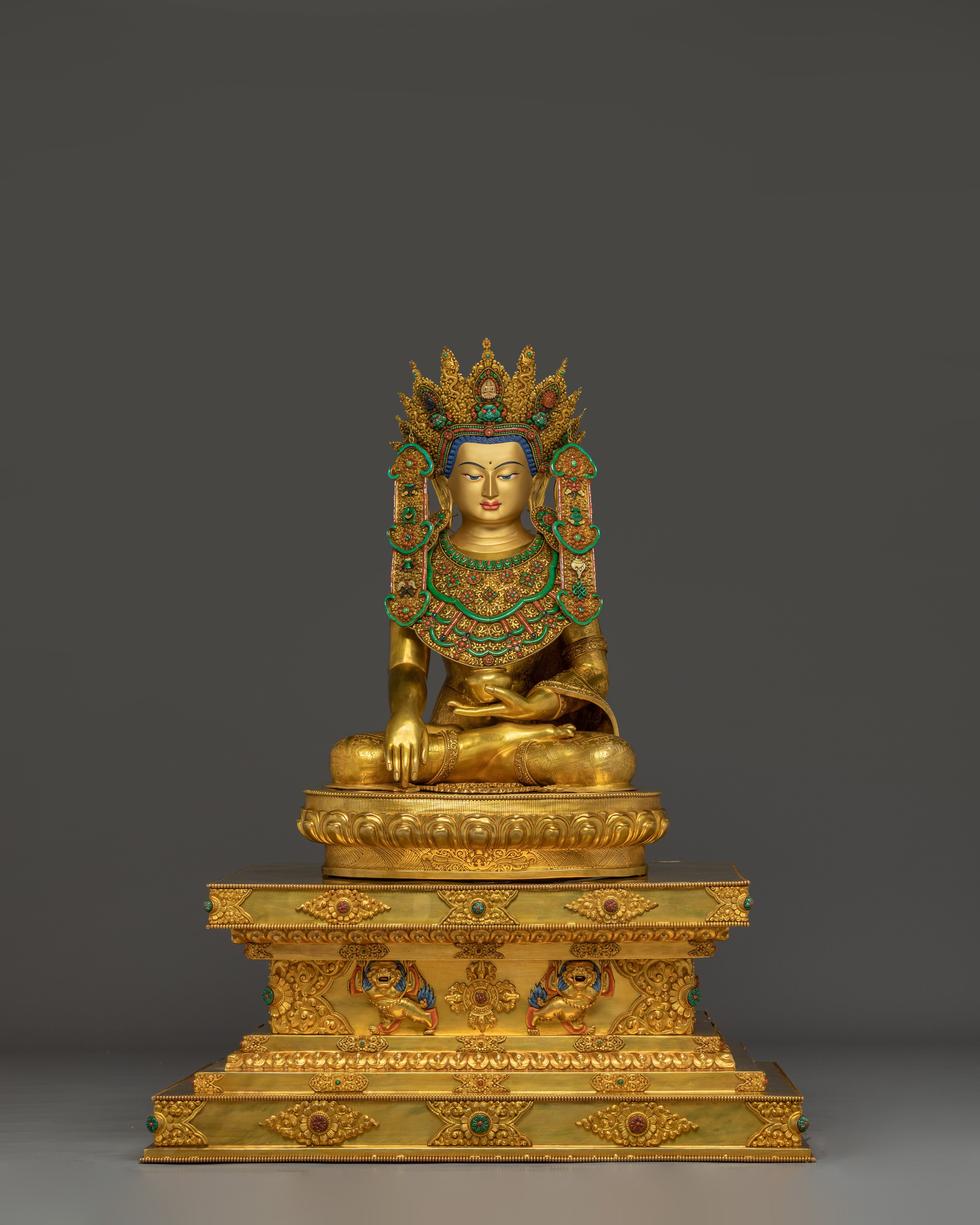Crown shakyamuni Buddha with Throne | Handcarved Gemstones and Gold Detailing